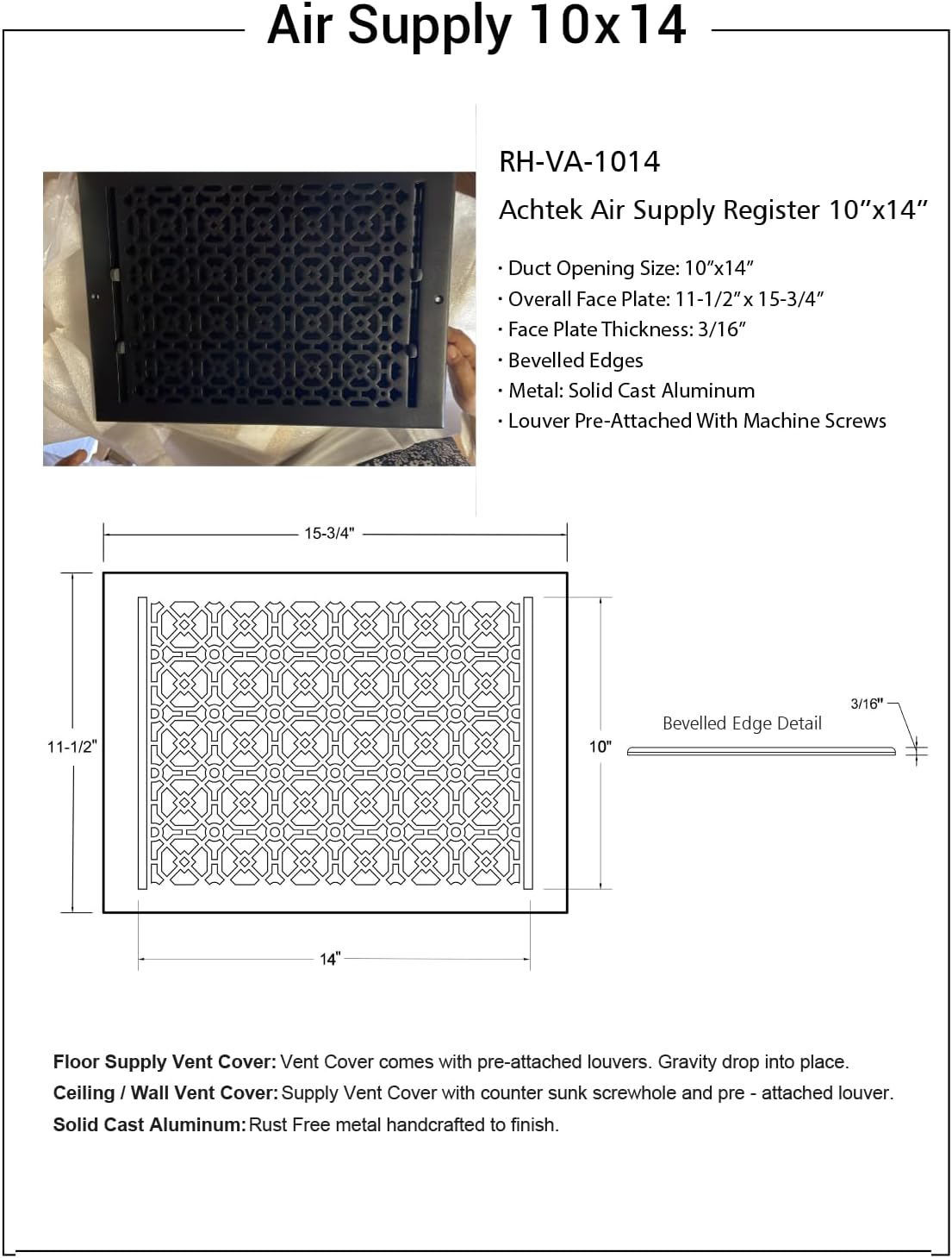 Achtek 10"x14" Duct (11-1/2"x15-3/4" Overall Size) Solid Cast Aluminum HVAC Air Supply Grill for Floor-Black Without Screw Holes with Detachable Steel Louver | Powder Coated