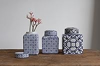Vista 2 de Creative Co-Op Blue & White Ceramic Ginger Jar with Lid Patrón geométrico