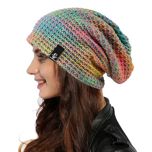 Ruphedy Women Slouchy Beanie Hat Knit Long Baggy Slouch Skull Cap for Winter - One Size - Blue/Confetti