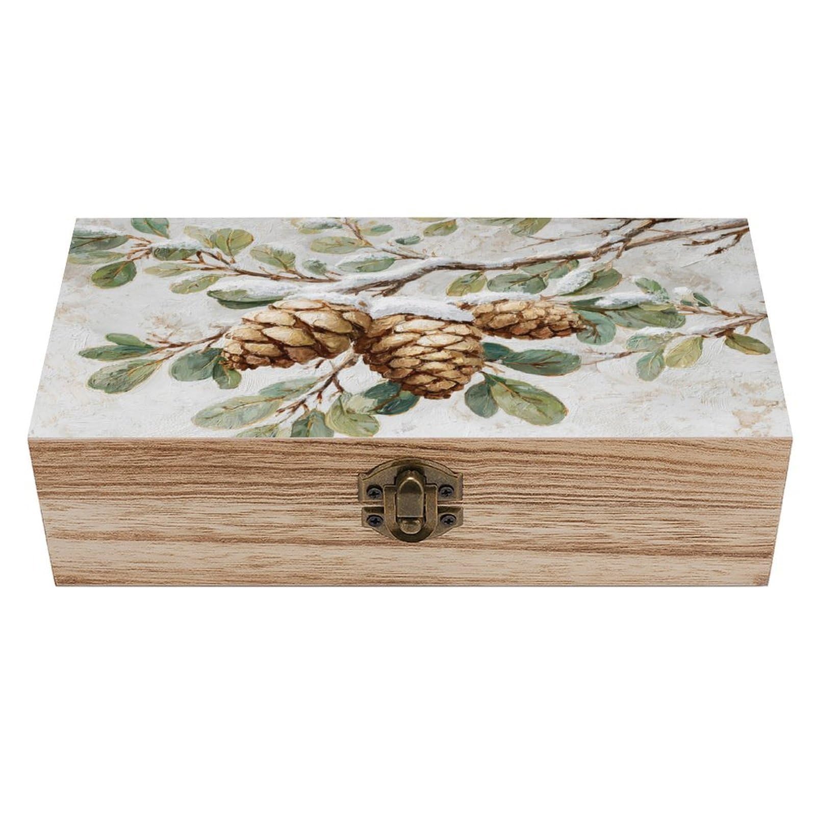 Three Pine Cones in Snow-covered Branches Wooden Storage Box with Hinged Li