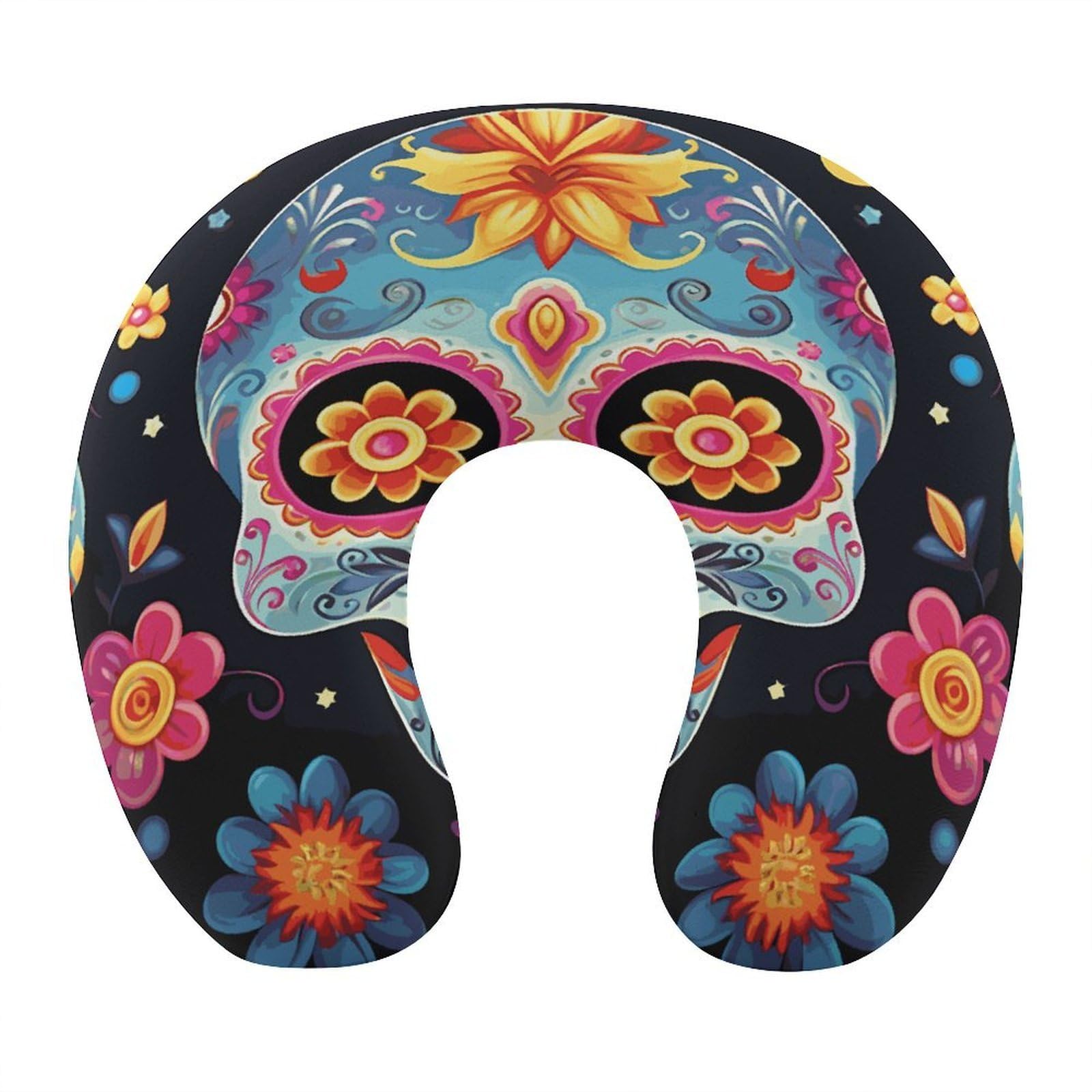 FekiLoot Sugar Skulls Travel Pillow U Shaped Neck Pillow Comfortable Memory Foam Pillow Portable Soft Headrest Lightweight Neck and Head Support for Planes Trains Self-Driving Cars