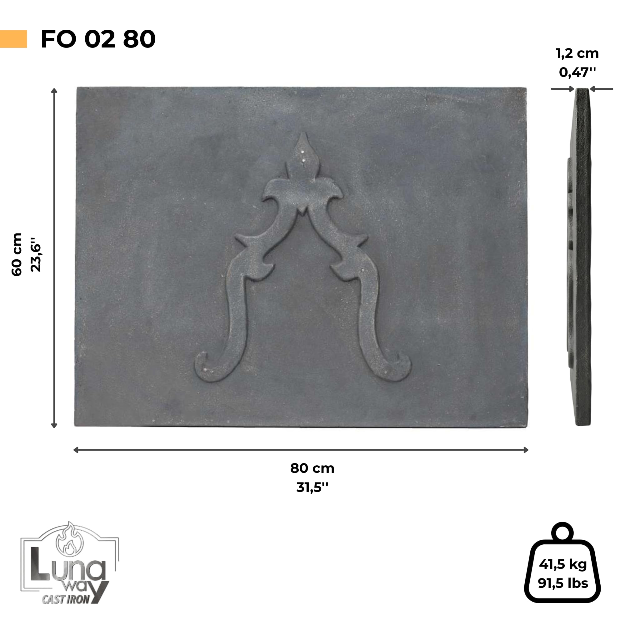 Plaque décorée Lys en Fonte pour revêtement de cheminée 80 x 60 cm Èp. 1,2 cm