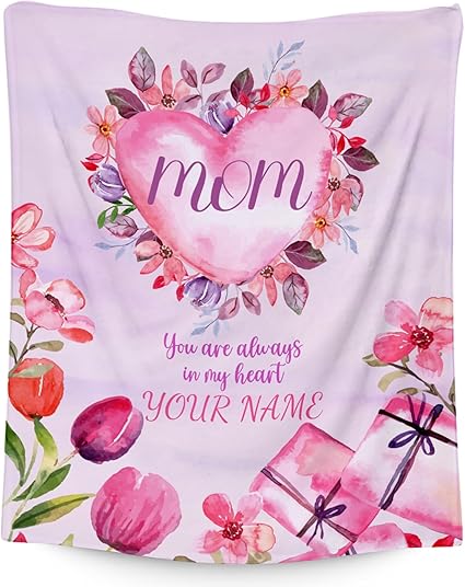 Custom Gifts for Mom Mothers Day - Blanket with Heart and Flowers - 60x80 Inch Cozy Soft Throw Blankets to Mother's Gift