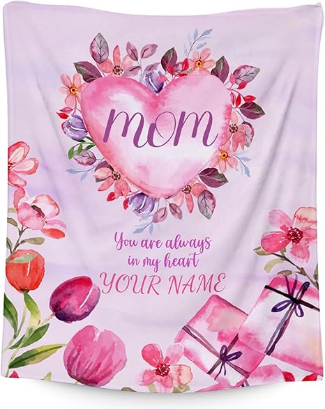 Custom Gifts for Mom Mothers Day - Blanket with Heart and Flowers - 60x80 Inch Cozy Soft Throw Blankets to Mother's Gift