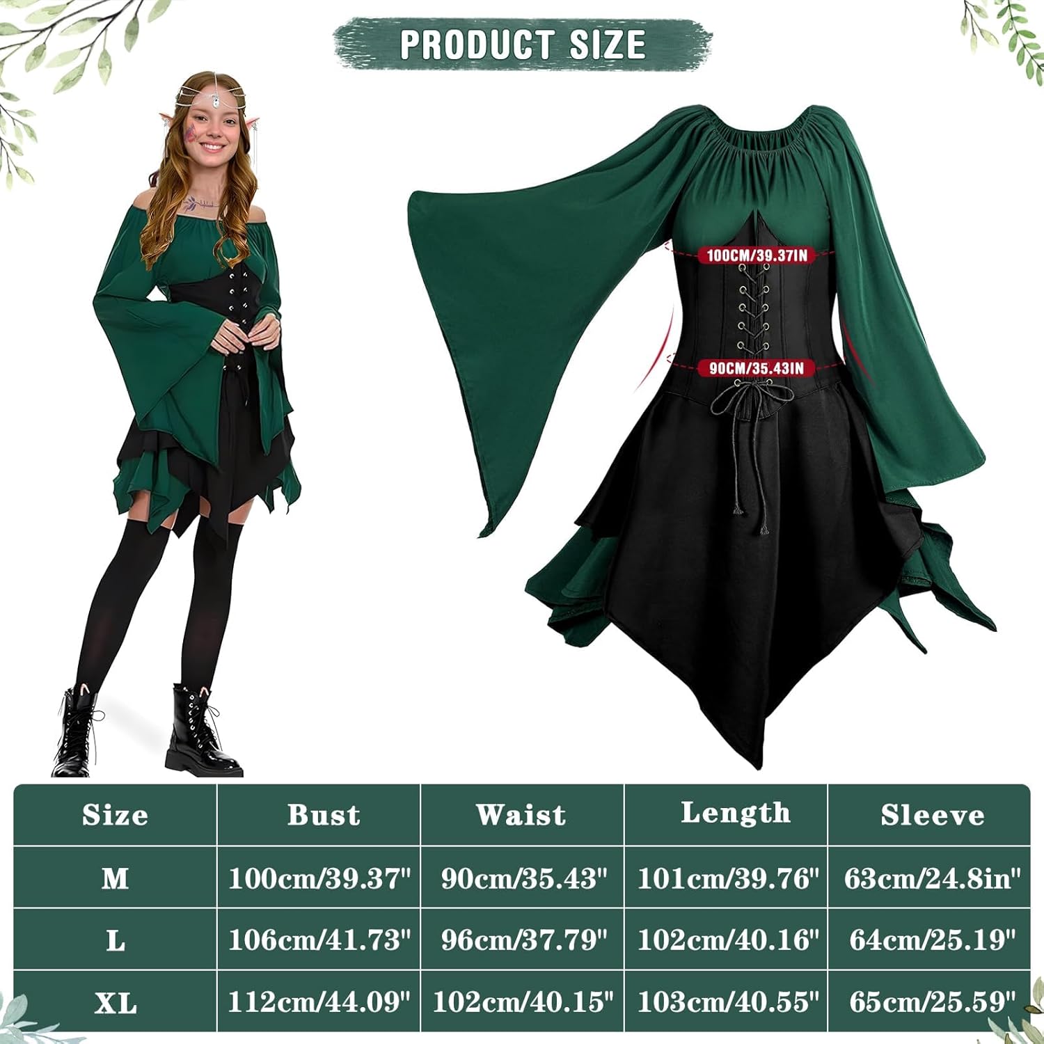 SKEFOLI 6Pcs Women Elf Costume Medieval Renaissance Dress Traditional Irish Fairy Costume Elf Ear for Halloween Cosplay - Image 3