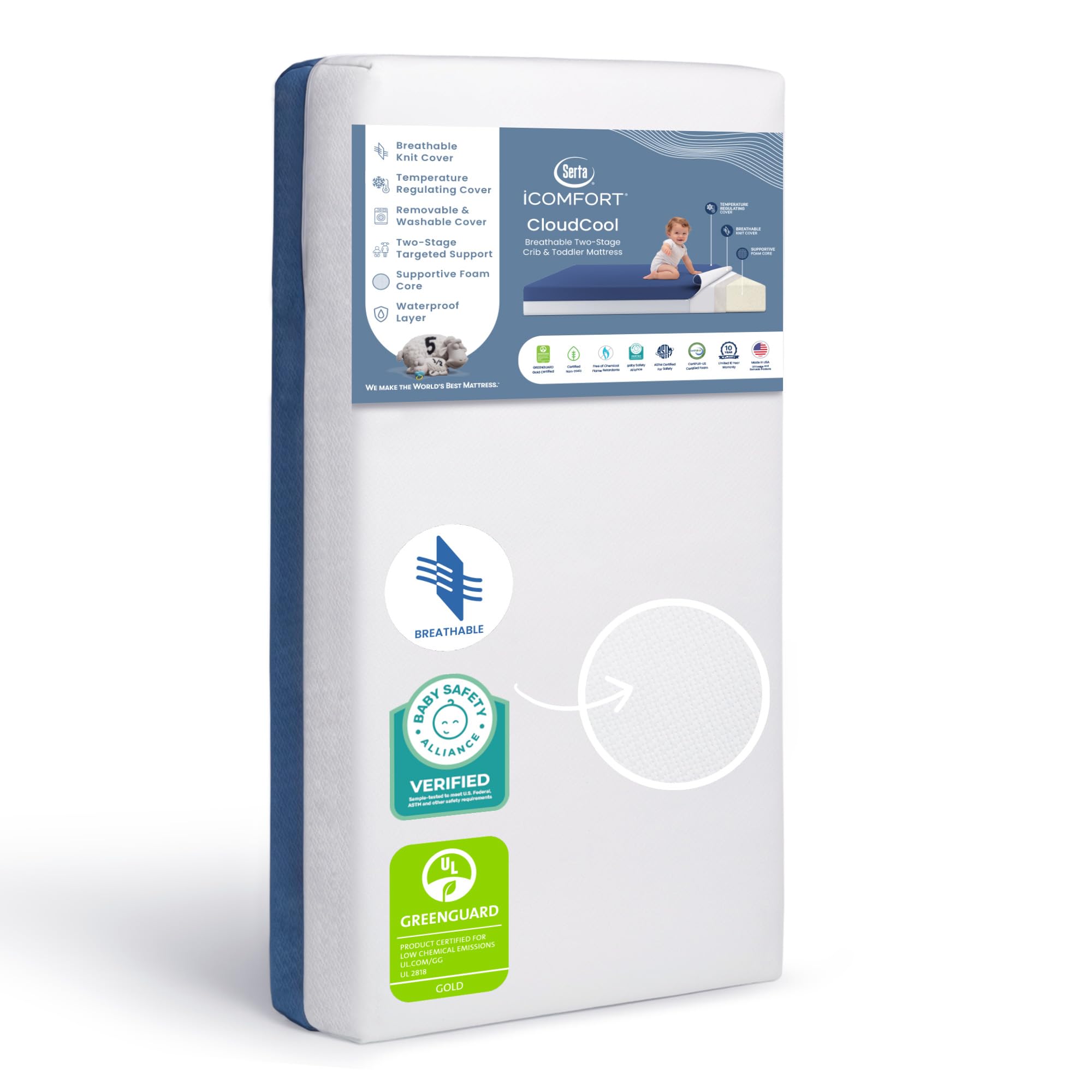 Serta CloudCool Crib and Toddler Mattress, Breathable, Machine Washable Cover, Waterproof, Hypoallergenic, Greenguard Gold Certified Baby Mattress