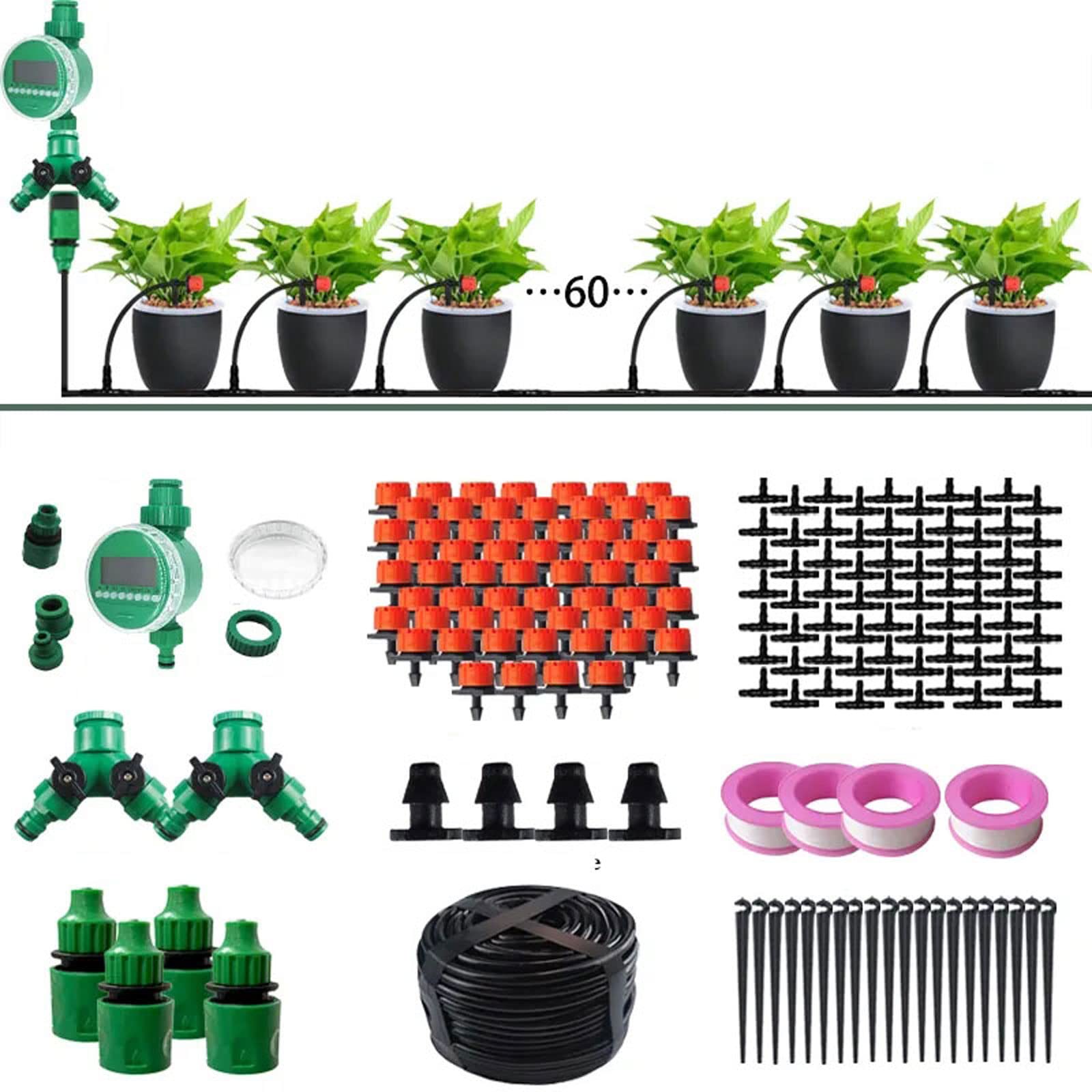 Kit di irrigazione a goccia, Kit di irrigazione a goccia automatica con timer, tubo da 50 m 1/4 pollici, 60 pezzi