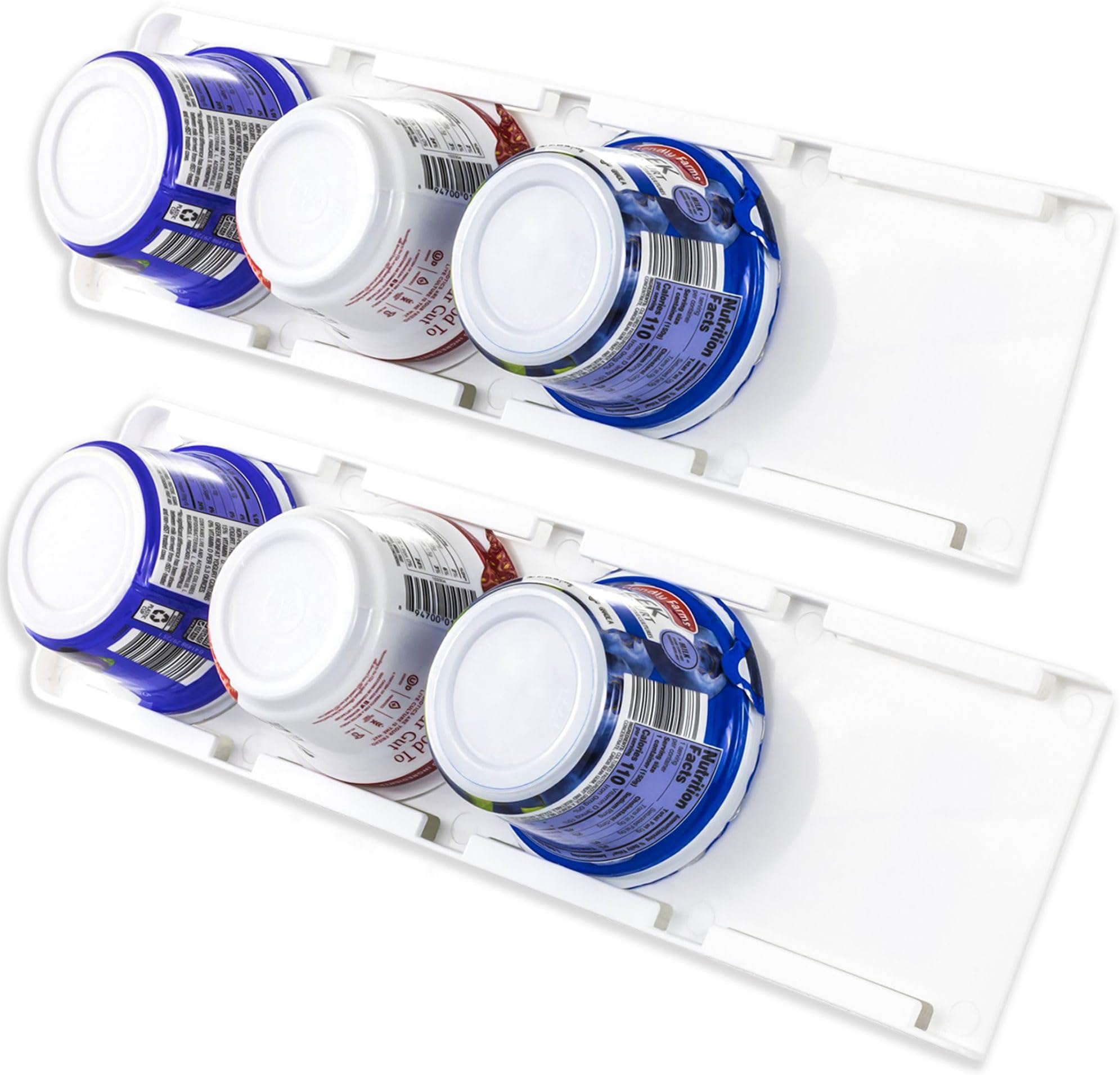 Storage Theory Yogurt Organizer for Fridge - Hold 4 Wide-Mouth Greek Yogurt Cups - Peel and Stick Yogurt Storage Organizer for Refrigerator - White, 2 Pack