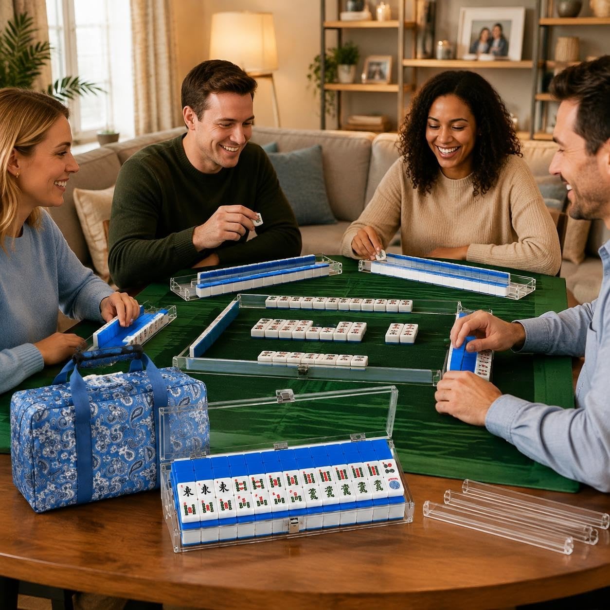 Komplettes amerikanisches Mahjong‑Set, 166‑teilig mit Zubehör | Amerikanisches Mahjong‑Set,166 Melamin‑Steine,Acryl‑Gestelle,Koffer,Tasche,optionale Matte für Familienspiele