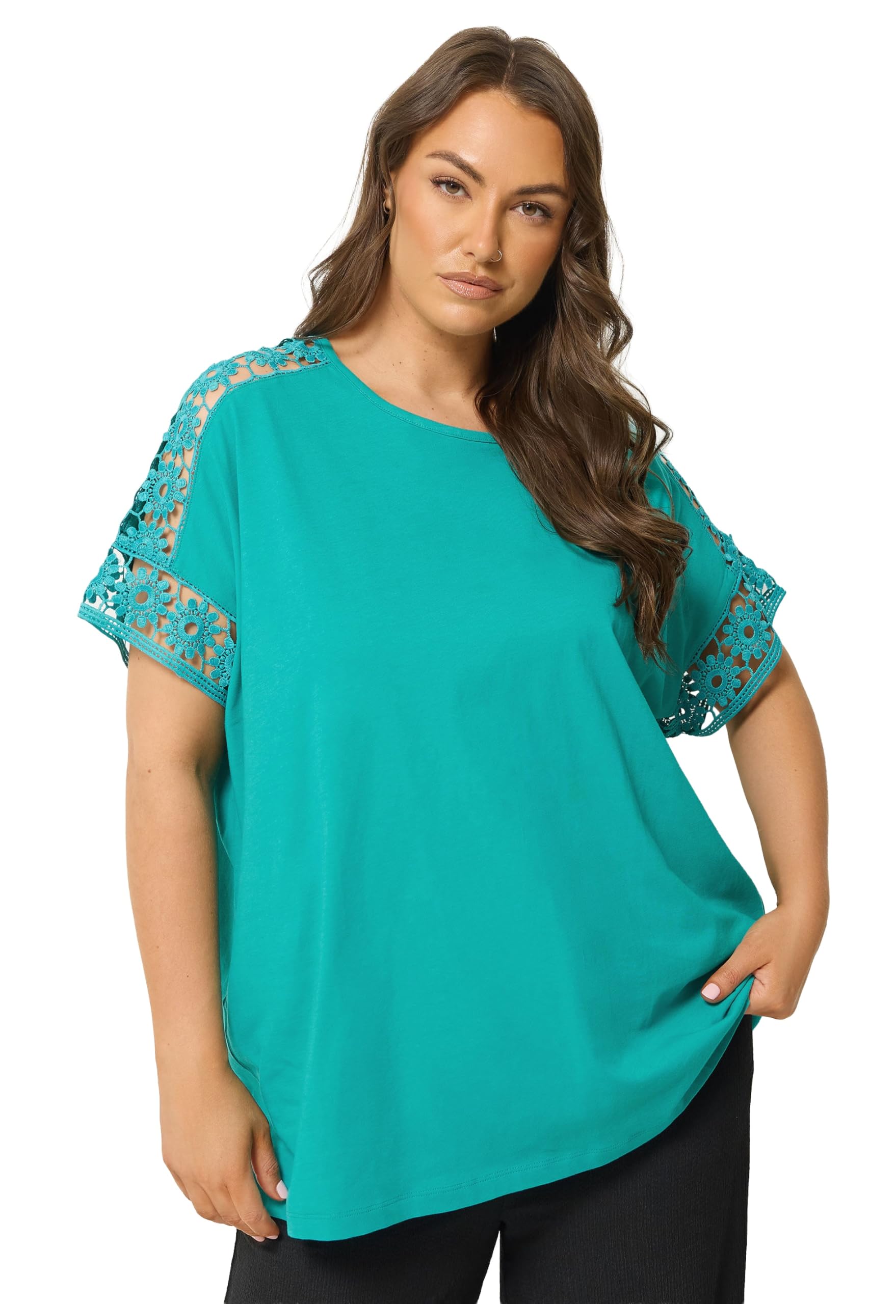 Yours Women's Turquoise Crochet Sleeve Boxy T-Shirt In | Size: 22-24