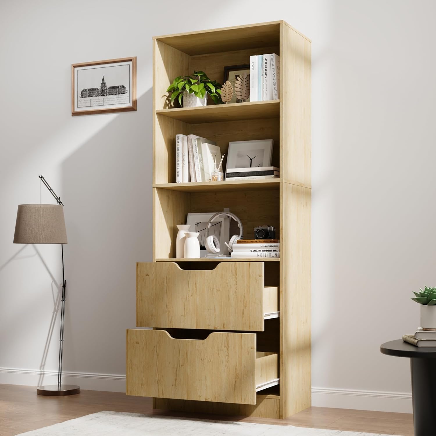 Housoul Bookcase with 2 Drawers, 3-Tier Bookshelf with Storage, 3 Shelf Bookshelf with Adjustable Shelf, Modern Bookshelf, Open Shelves for Study, Bedroom & Home Office, Natural
