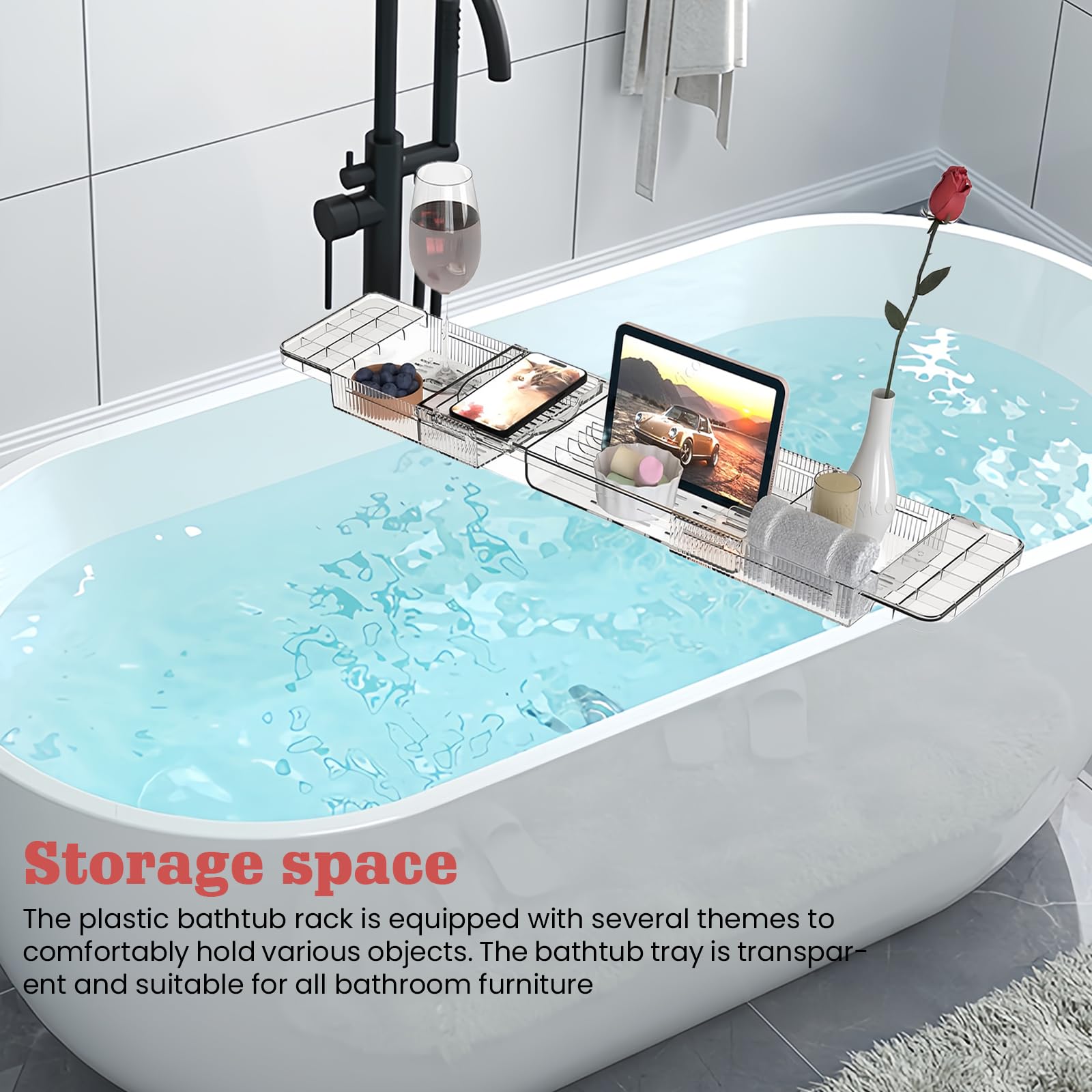 Bandeja para bañera de plástico, bandeja de bañera, tabla de bañera ajustable, estantes para la mayoría de tamaños de bañera, accesorios de baño espacio para toallas, copas de vino y libros