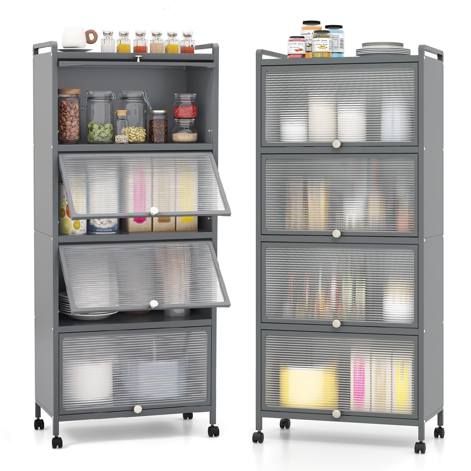 GIANTEX Armoire Cuisine 5 Niveaux avec Portes Rabattables, Meuble Cuisine Rangement à roulettes Universelles, Cadre en Métal, Étagere Cuisine pour Salon, Kit Anti-basculement, 60 x 32 x 154 cm(Gris)