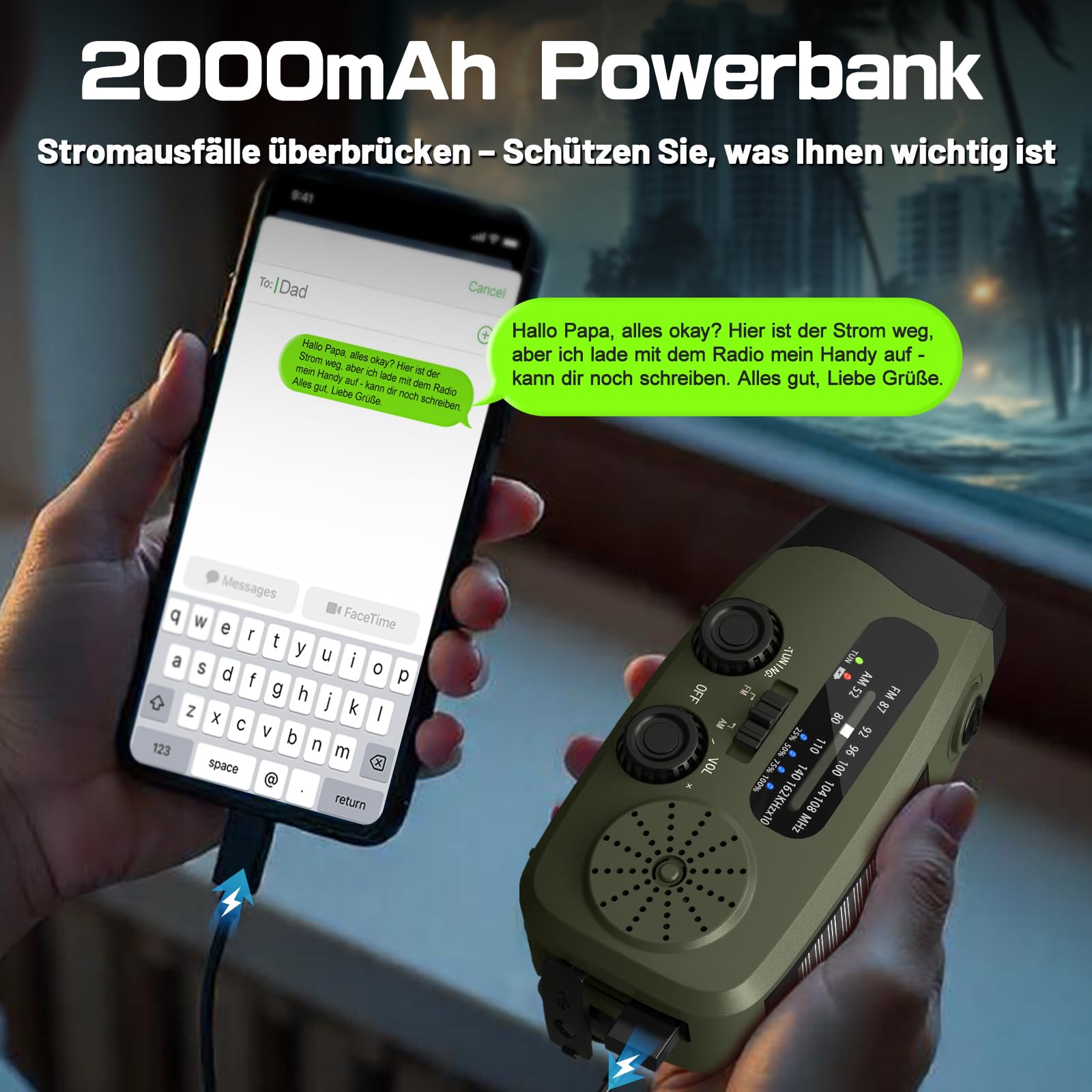 Notfall Kurbel Radio, 2000mAh/7400mWh Akku Kurbelradio Solar Batterie Power Bank USB AM/FM Radio mit SOS-Alarm Taschenlampe, 3-Wege-Laden Notfallradio, Innen Außen Camping Klein Taschenradio