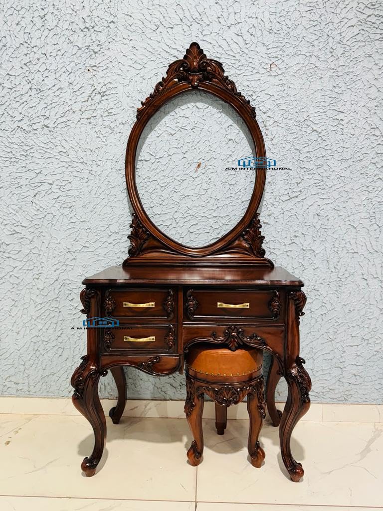 A.M INTERNATIONAL Wooden HANDCARVED Antique Dressing Table with Mirror Frame N Stool in Teak Wood with Walnut MATT Finish for Bedroom, Home, LIVINGROOM-image-32