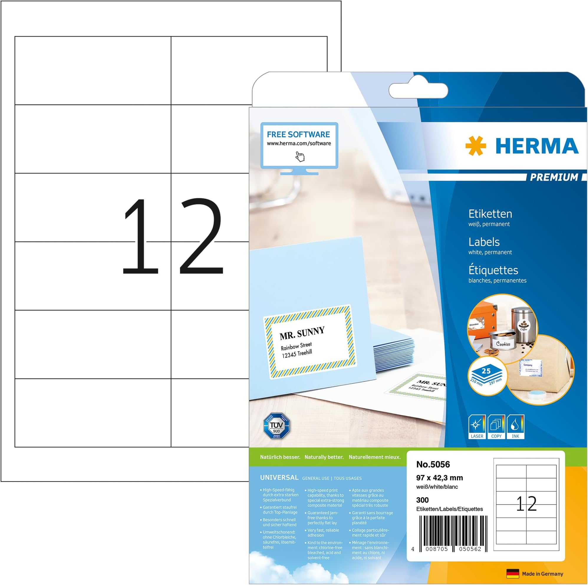 HERMA Self Adhesive Multipurpose Labels, 12 Labels per A4 Sheet, 25 Sheets, 97 x 42.3 mm, 300 Labels, Blank Universal Labels Stickers, Sticky Labels for Laser & Inkjet Printer, White