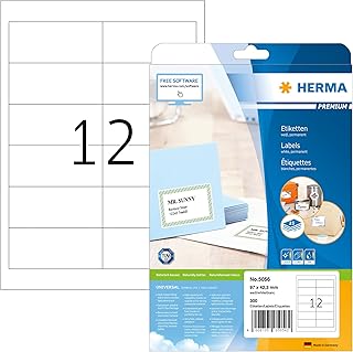 HERMA 5056 Universal Etiketten, 25 Blatt, 97 x 42,3 mm, 12 pro A4 Bogen, 300 Stück, selbstklebend, bedruckbar, matt, blanko Papier Klebeetiketten Aufkleber, weiß