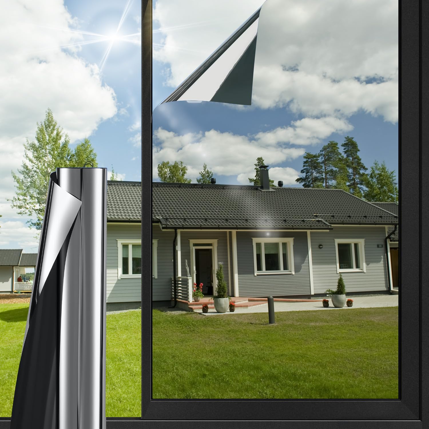 HONLONE One Way Window Film, Reflective Window Film Mirror, Anti Sun Glare UV Tinted, Protection Heat And Privacy For Home Office, Black Silver 60 * 400cm