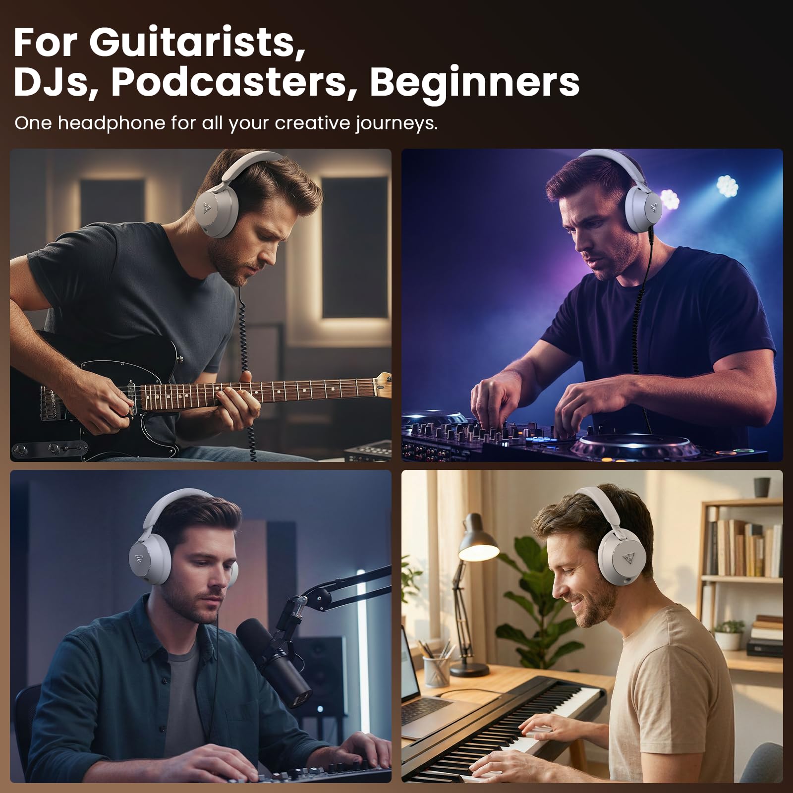 DOQAUS Audífonos profesionales con cable para monitor de estudio para grabación y mezcla de música, auriculares estéreo de 50 mm con conector dual para guitarra eléctrica, teclado, piano, portátil