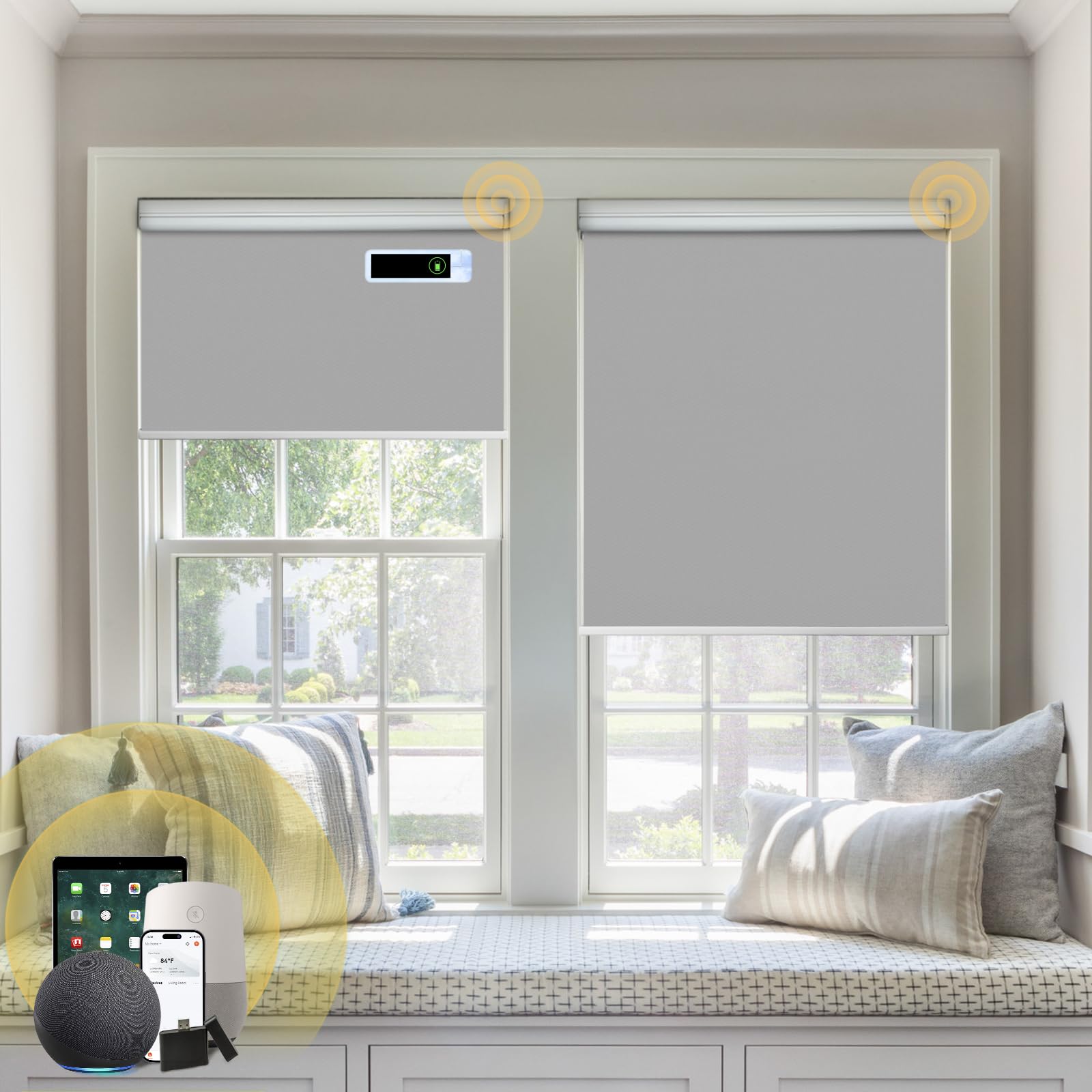 DONGFXK Motorized Roller Blinds, Blackout Automatic Shades with Solar Panel Cordless Smart Blinds for Windows, Custom Electric Blinds Horizontal Roller Shades with Remote Control,Grey,35" W X 72" H