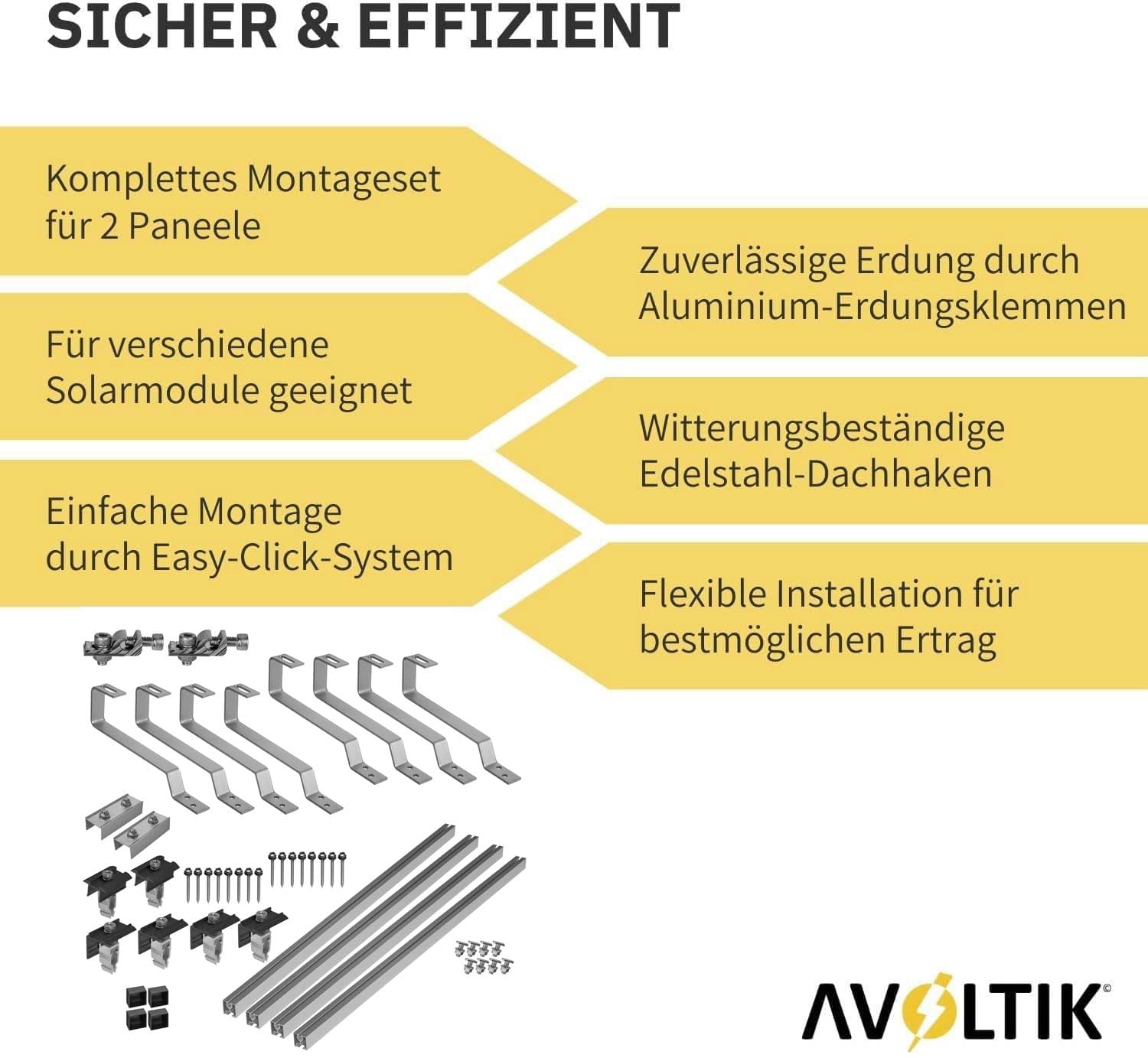 Avoltik Solar Halterung Biberschwanz-Dach I Set für 2 PV Module 30-45mm I Solarmodul Halterung für Biberschwanzdächer I PV-Modul Halterung inkl Montageset I Solarmodulbefestigungsset I PV-Zubehör