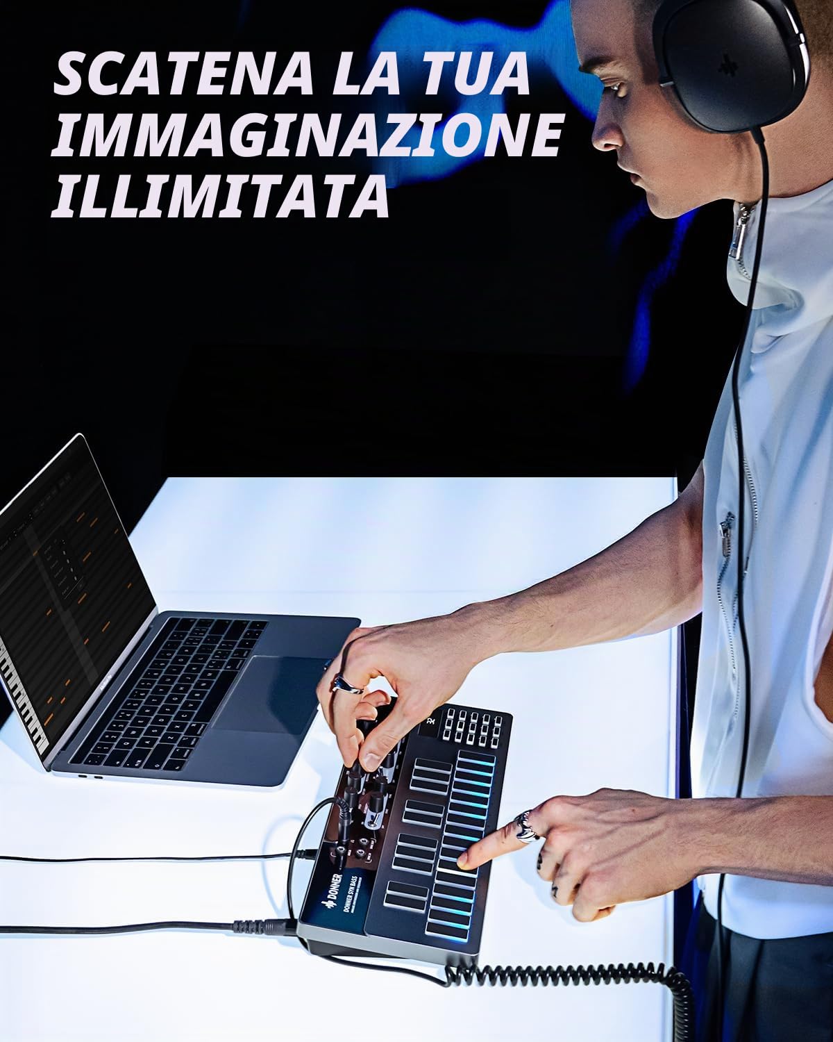 Donner Essential B1 - Sintetizzatore e sequenziatore di bassi analogici, con interfaccia utente intuitiva, 128 modelli di memoria, saturazione e effetti di ritardo, per un suono acido classico