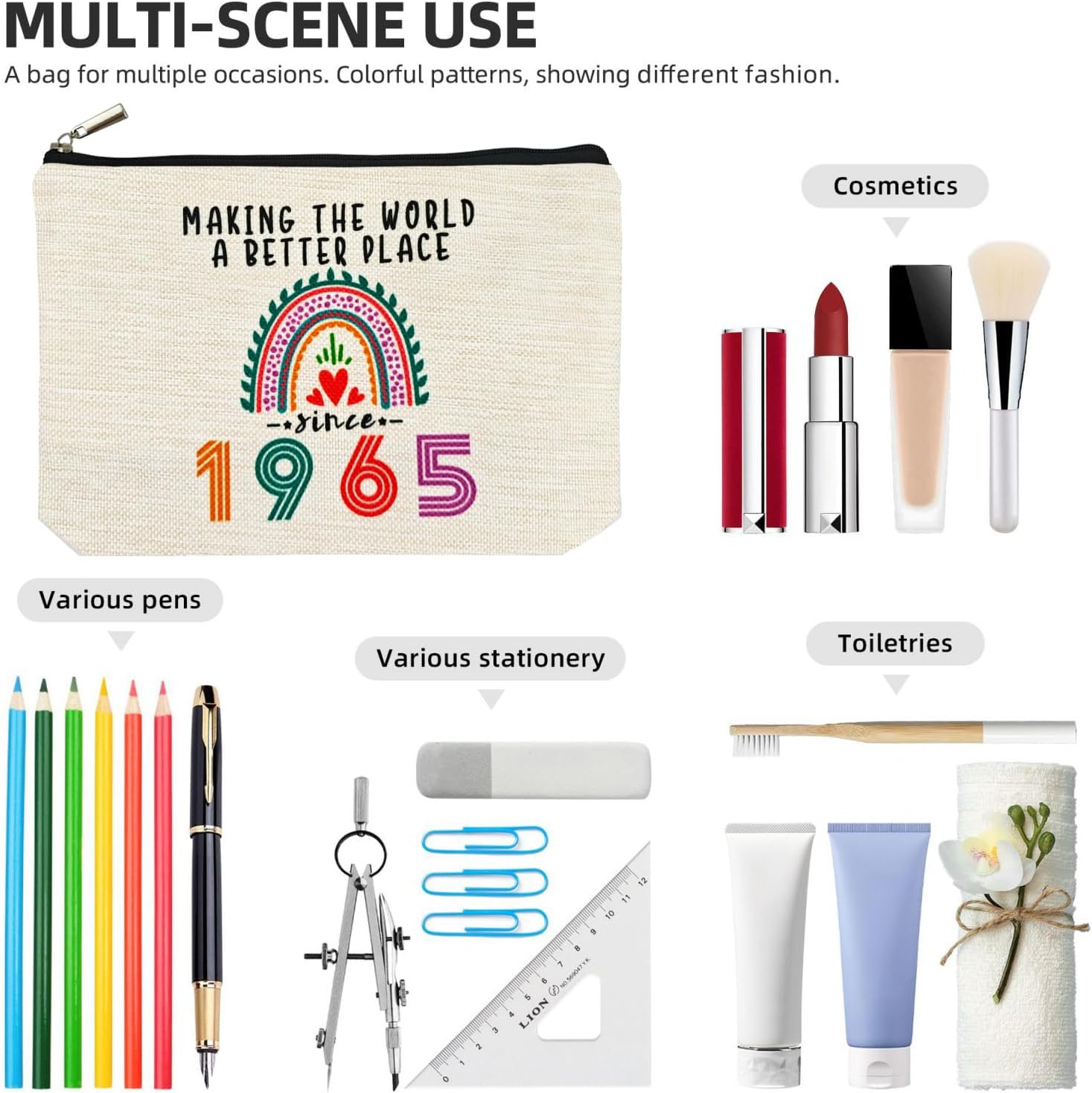 Happy 61st Birthday Gifts for Her Women Makeup Bag, Best 1965 Anniversary 61st Birthday Decorations, 61 Year old and Fabulous Gifts Ideas for Wife, Mom, Mothers Day, Christmas Cosmetic Travel Pouch - Image 3