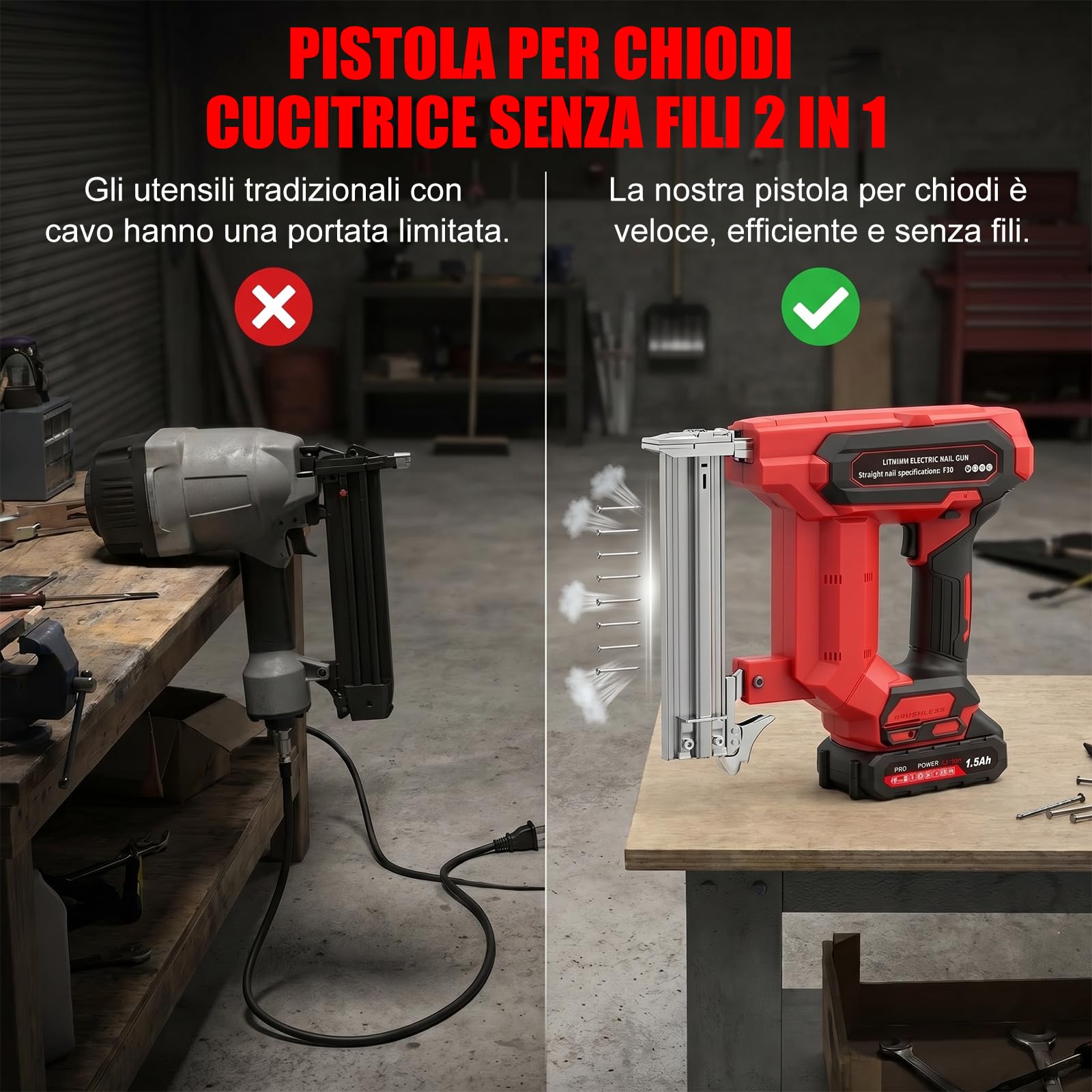 Chiodatrice Elettrica, 2 in 1 Chiodatrice e Graffettatrice con 500 Chiodi F30 e 500 Graffette Tipo 422, Chiodatrice a Batteria Senza Fili, per Vari Tipi di Legno, 1500mAh Batteries *2