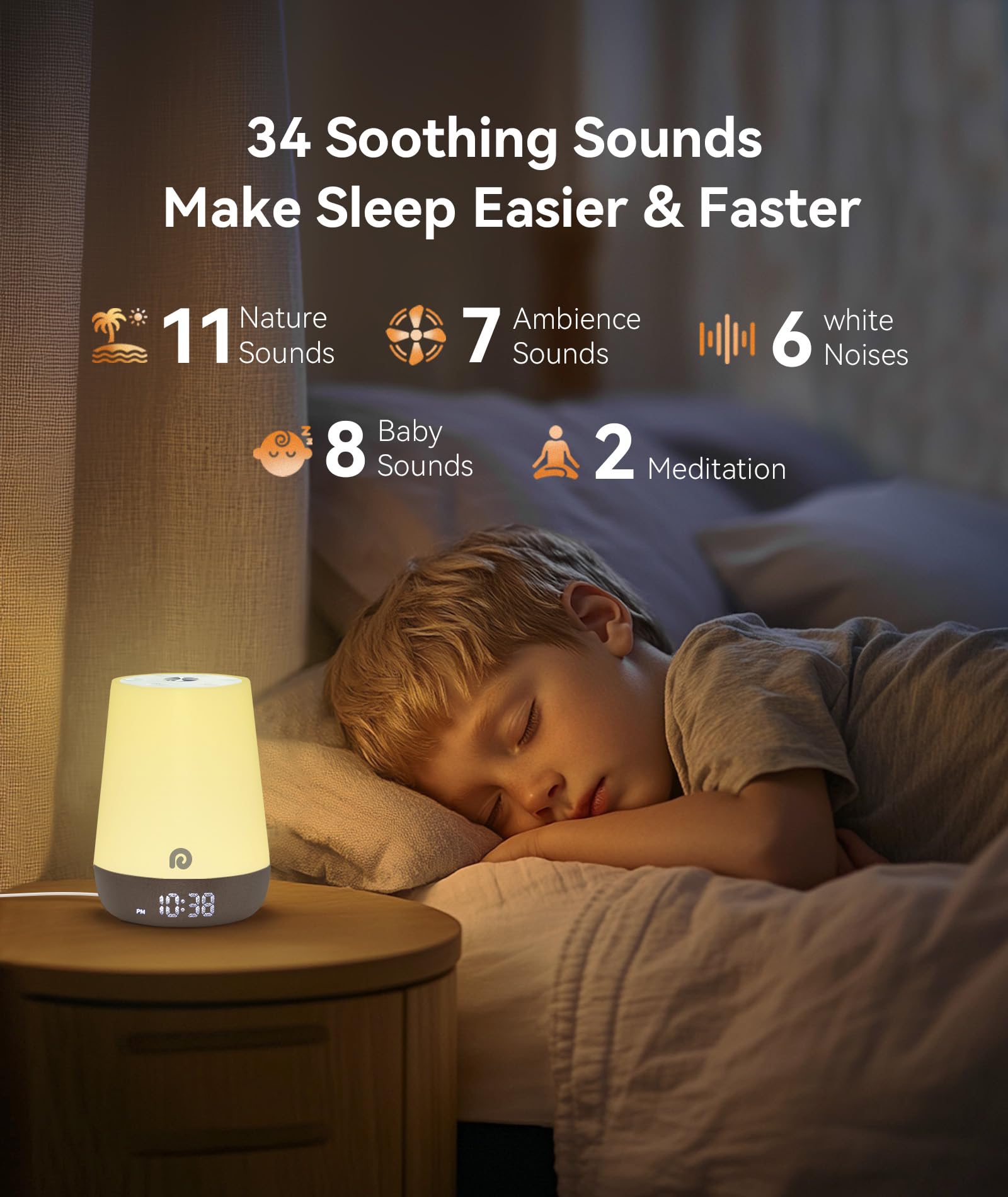 Dreamegg Nite 1 Maquina Ruido Blanco Bebe Reloj Formador de Hábitos de Sueño, App Control Sonido Blanco Bebe con 34 Sonidos Calmantes, Despertador Luz Natural, Reloj para Niños Musica Relajante