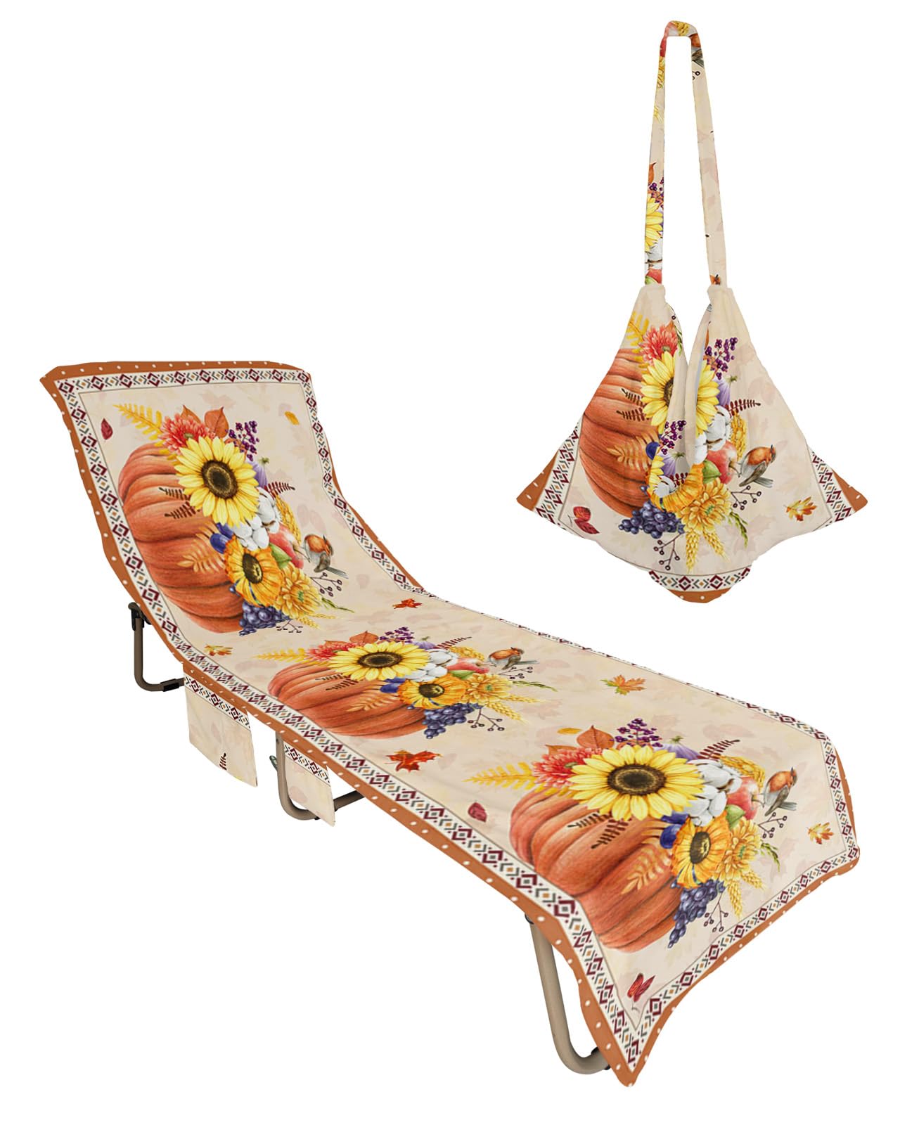 Boho Pumpkin Beach Chair Towel Covers for Chaise Lounge with Side Pocket, Soft Plush Pool Towels Cover for Patio Sunbathing Outdoor 29''x85'' Thanksgiving Fall Southwest Sunflower