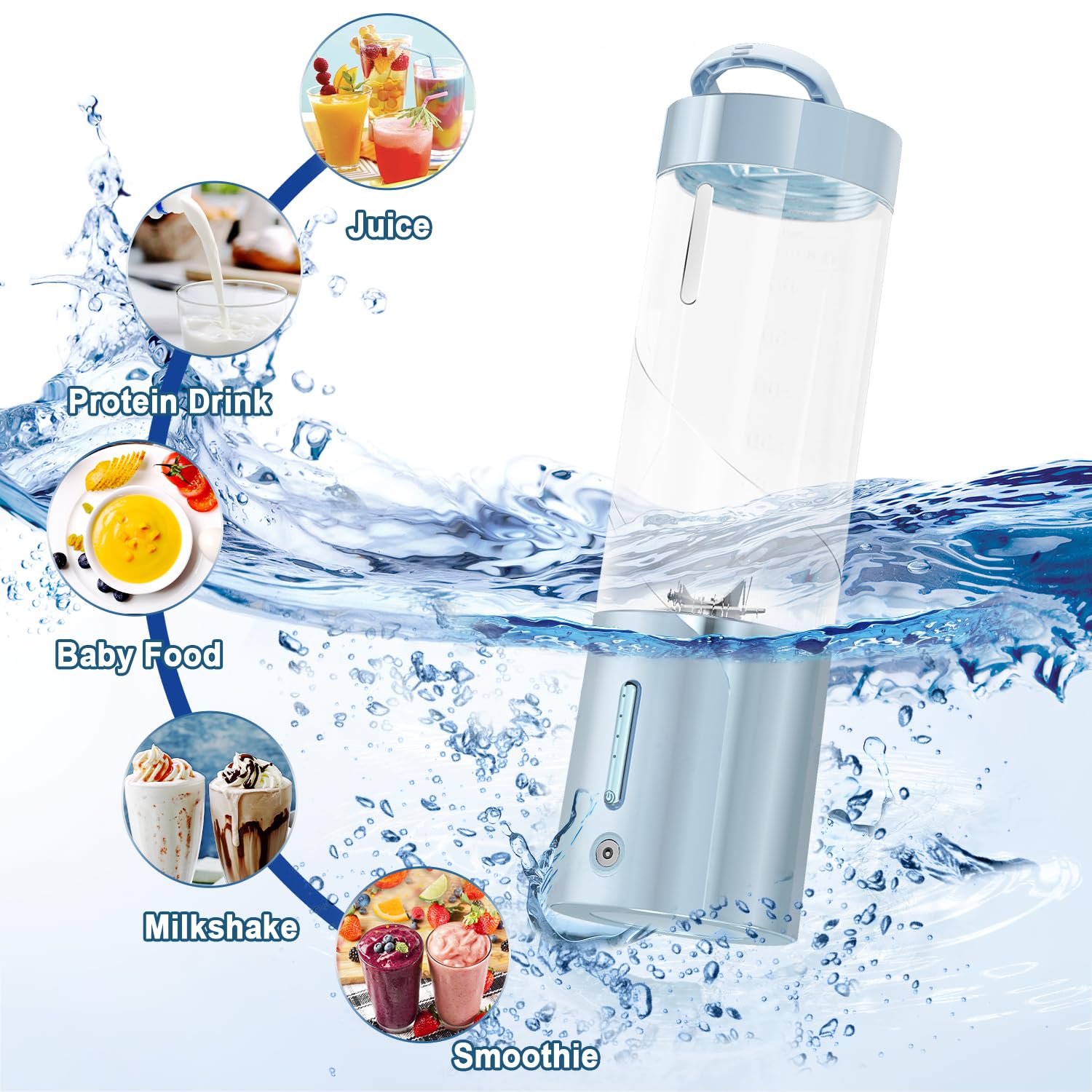 Licuadora portátil, Mezcladora Personal para Jugo Fresco, Batidos y Batidos – Mini Licuadora de 16 Onzas con 6 Cuchillas, Recargable por USB, sin BPA, Botella Pequeña para Cocina, Viajes, Oficina