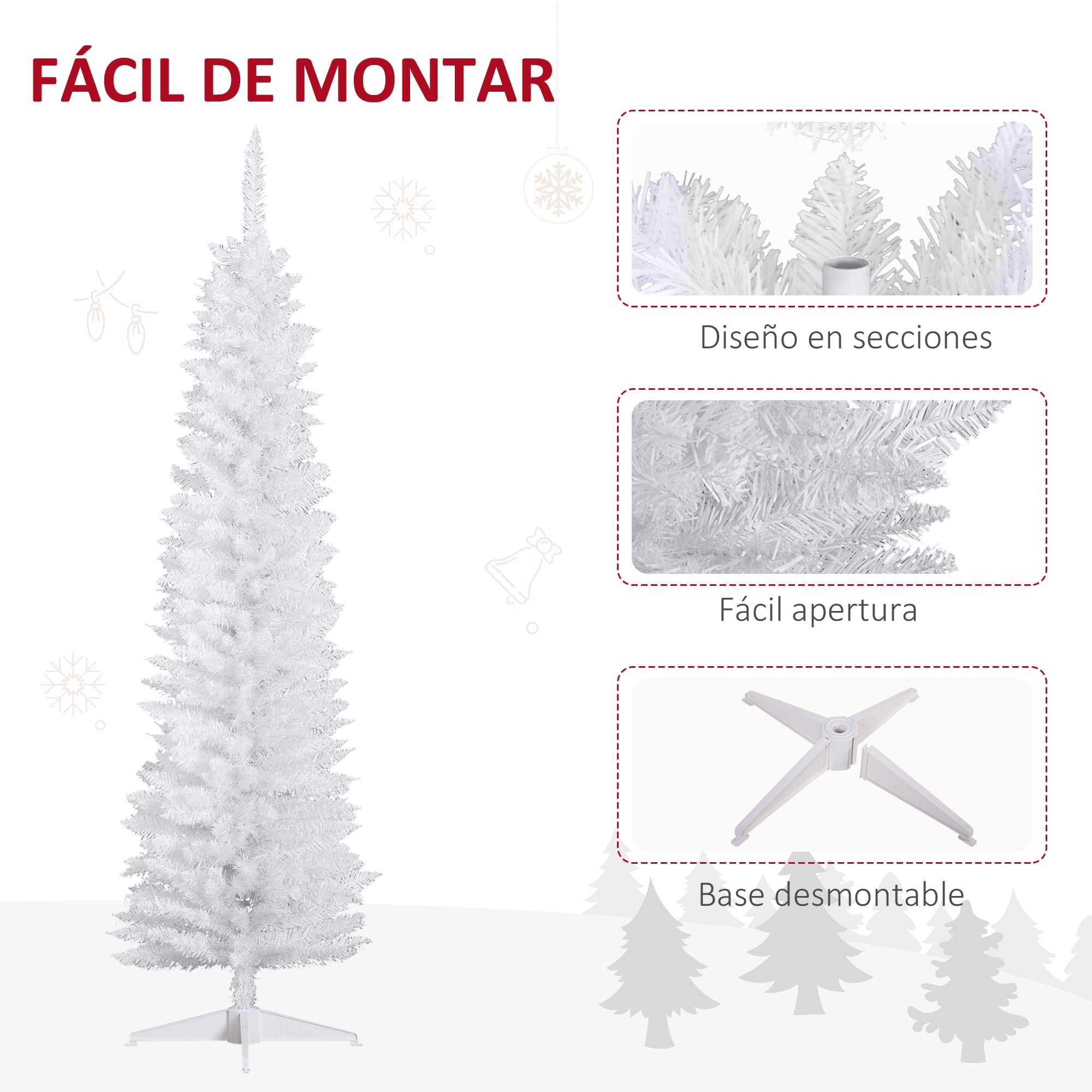 HOMCOM Árbol de Navidad Estrecho 180 cm, Árbol Artificial con 390 Ramas, Base de Plástico Desmontable, Fácil Montaje, para Salón Interior, Blanco