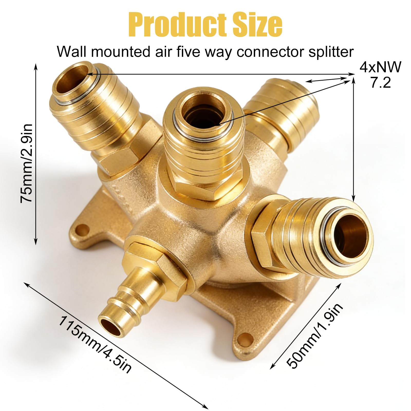 Druckluftverteiler Wanddose Druckluftweiche, Messing Druckluftweiche, 5 Fach Wanddose Druckluftverteiler für Wandmontage mit 4 x Schnellkupplung+1x Stecknippel NW 7,2 G 1/2", Druckluft Verteiler
