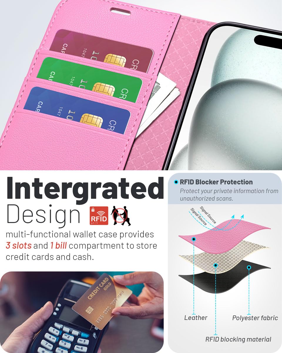 OCASE for iPhone 16 Pro Case, PU Leather Wallet, Magnetic Flip Folio Cover with RFID Blocking, Card Holders, Shockproof TPU - Image 3