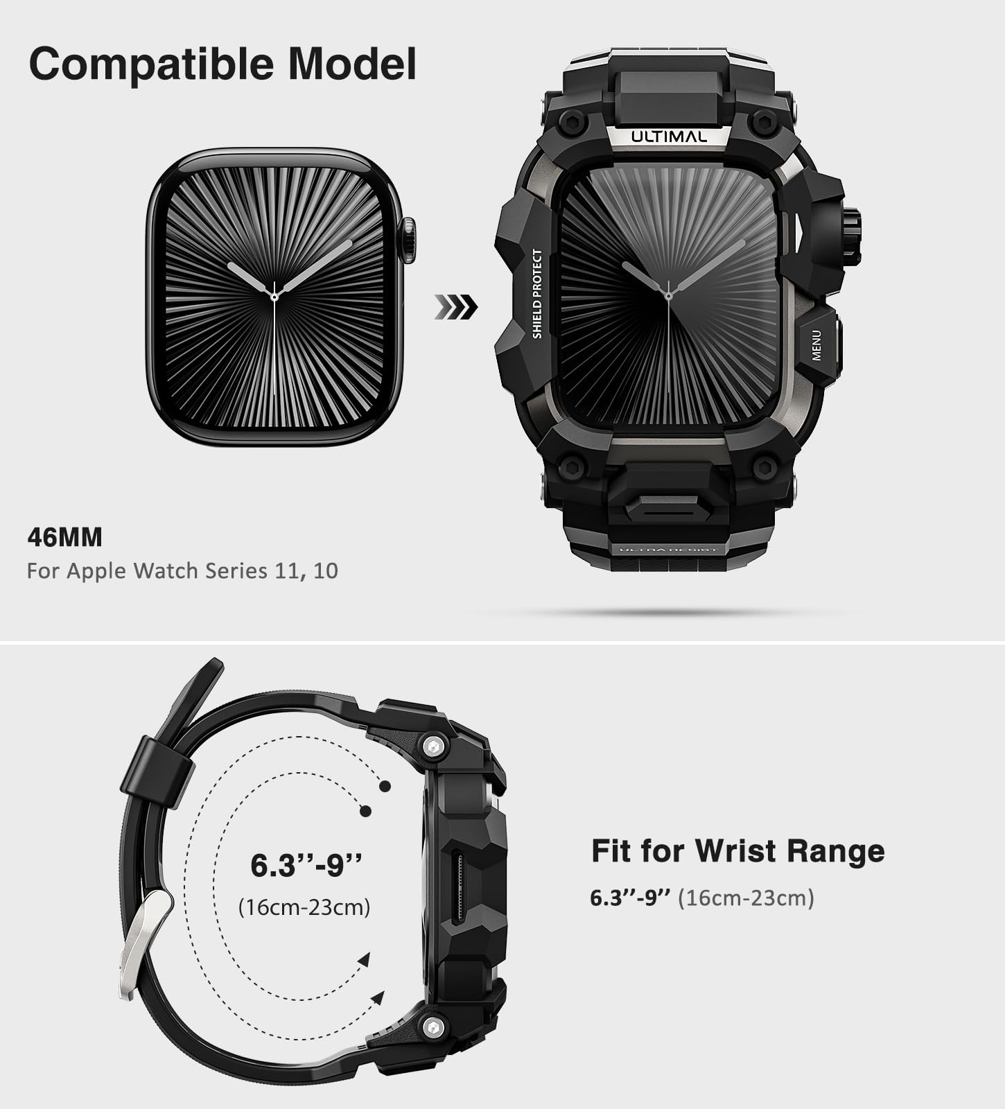 ULTIMAL Custodia Robusta con Cinturino per Apple Watch 46 mm, Compatibile con Apple Watch Serie 11/10, Protezione Antiurto Militare per Cinturino Tattico iWatch Uomini (Nero, 46 mm)