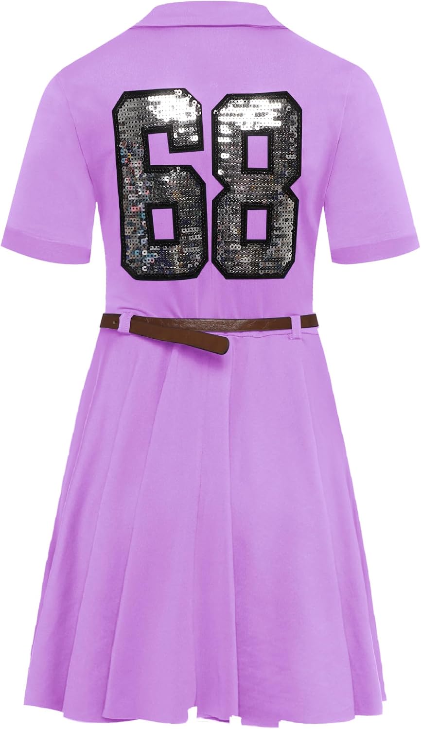Girls Number 68 Sequins Dance Dress Short Sleeve Lapel V Neck with A Line Skirt for Golf and Sports