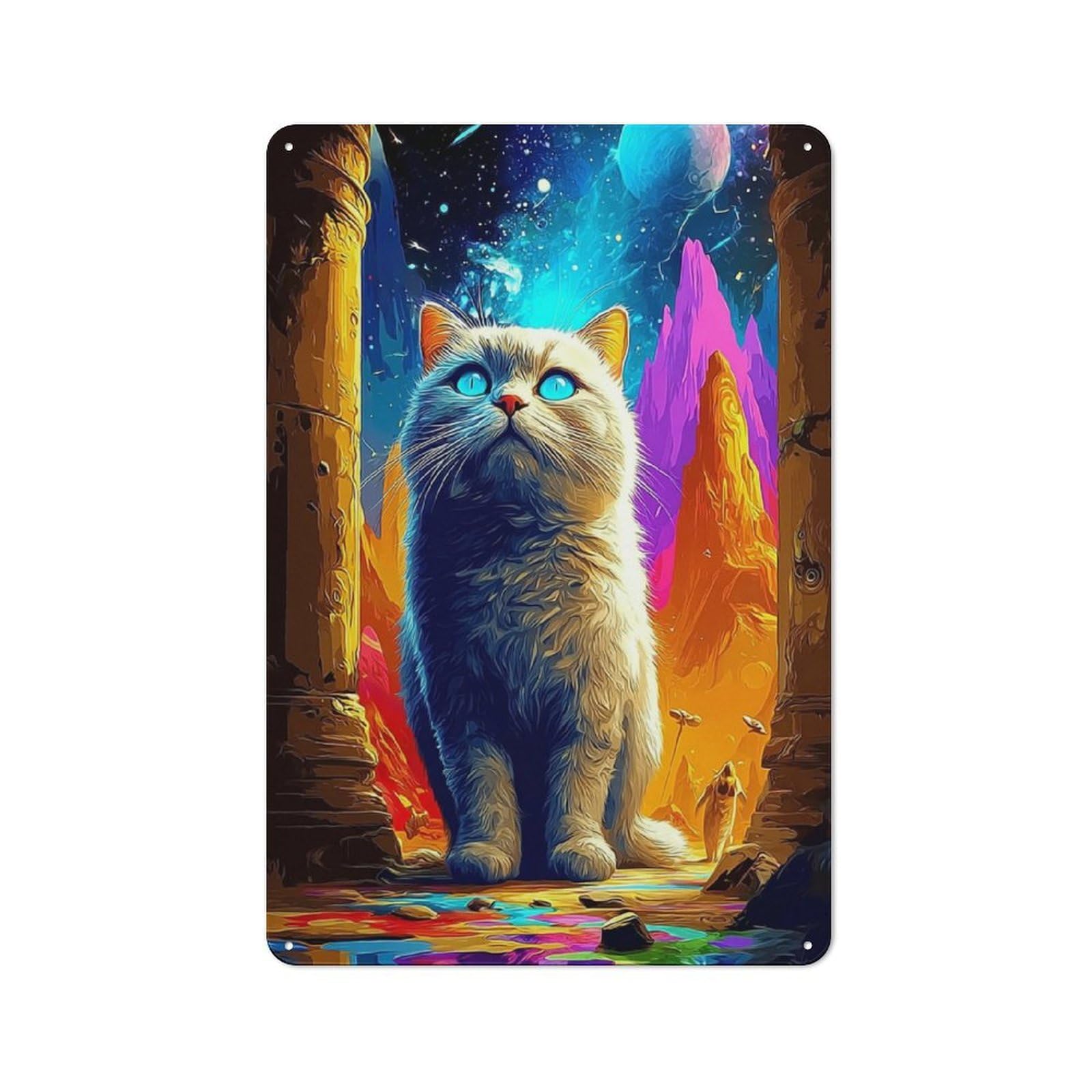 Junmoney Fantasy Cat In Cosmic Landscape Decorative Tin Plaque With Design 30X20cm, Classic Novelty Wall Art For Flat, Dorm Room, Lounge Or Cafe