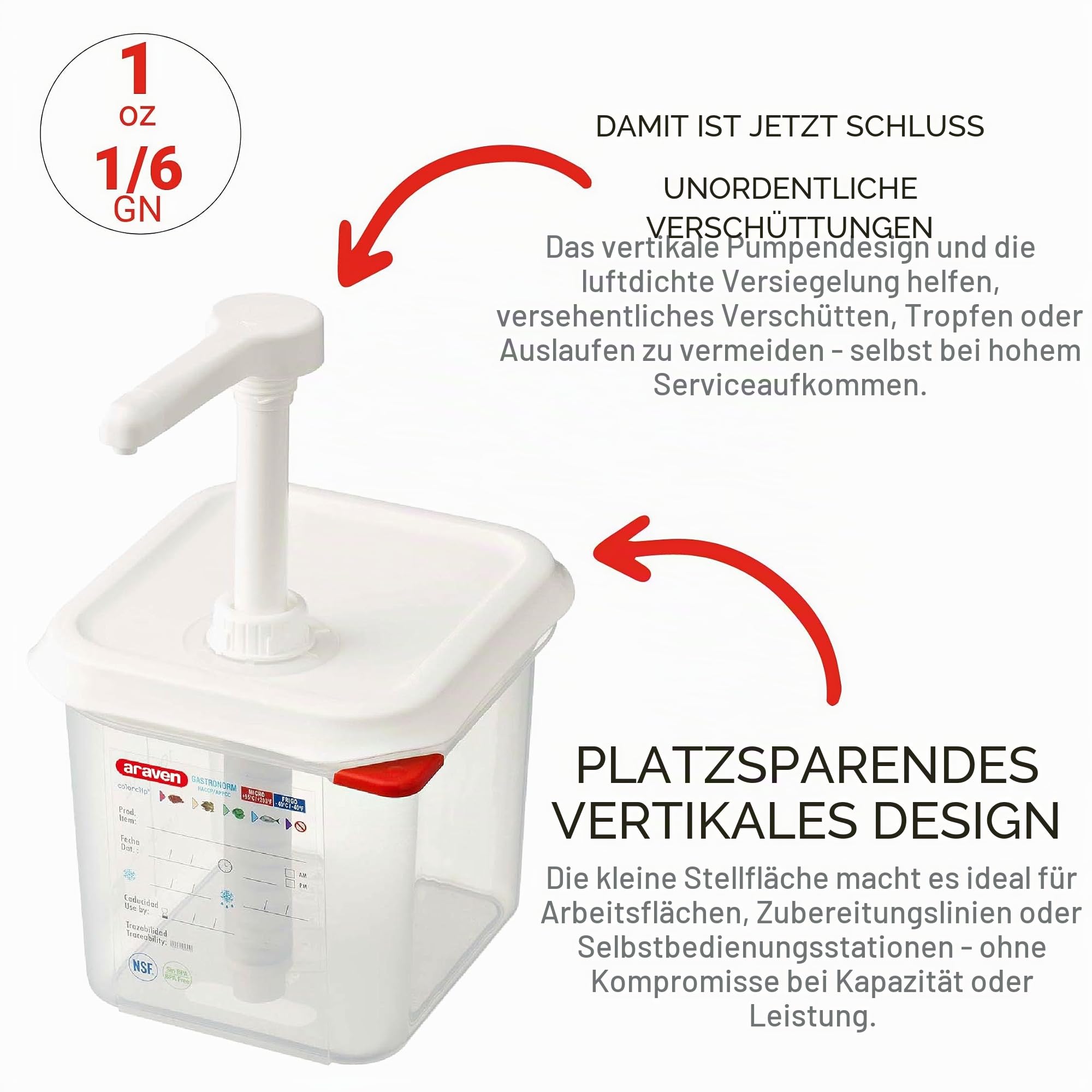 Araven RVN013 Saucenspender GN 1/6, Transparent, spülmaschinenfest, Druckpumpe, 2,6 l,