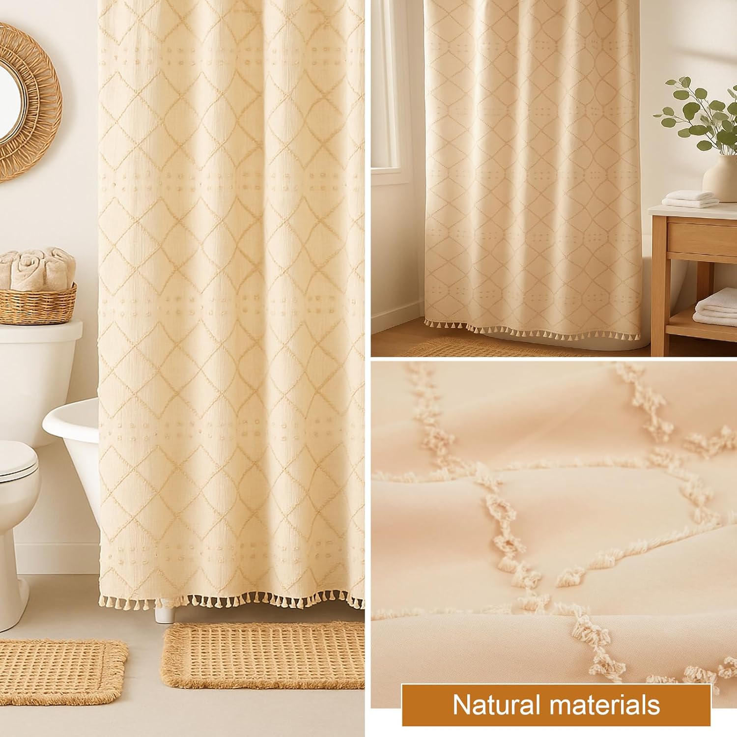 Lounsweer 3 Pcs Boho Bathroom Shower Curtain Set with Non Slip Waffle Bath Rugs Waterproof Neutral Shower Curtain with 12 Hooks for Bathroom Farmhouse Hotel Tub Decor 72 x 72