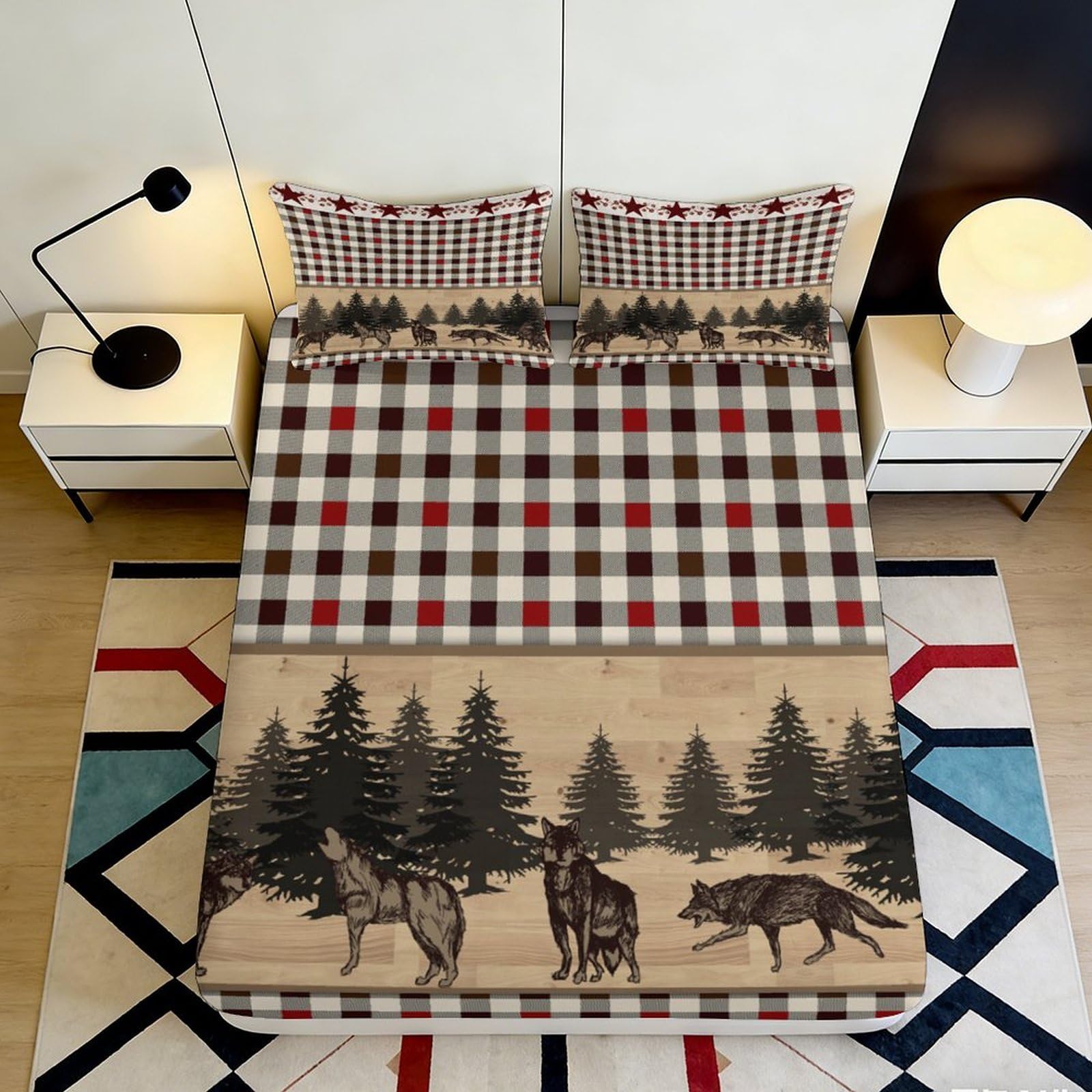 Pnayamiorkfel Style-6 3D Printed Forest Wolf Fitted Sheet Microfiber Plaid Bed Cover For Bedroom Guest Room Dorm Mattress Protection 90X200x25cm