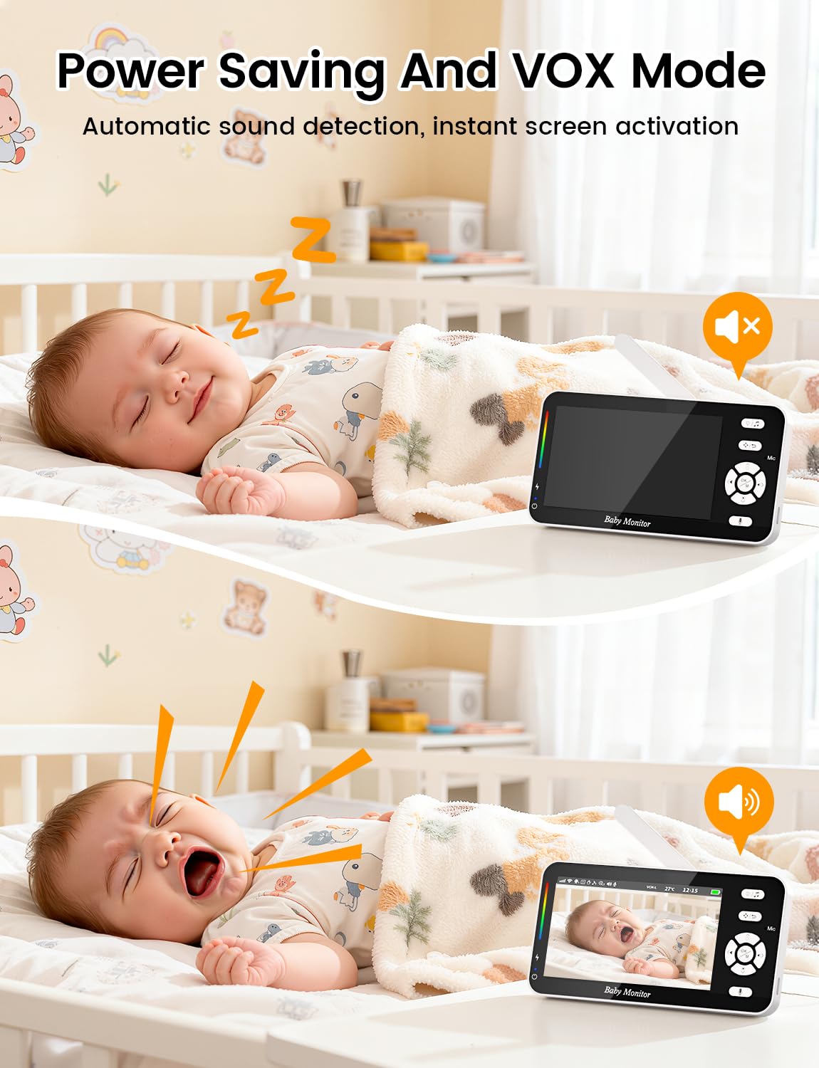 BURNNOVE Baby Monitor Video e Audio WiFi 4,3 Pollici IPS 3500mAh Batteria VOX Luce Notturna Rilevamento Temperatura
