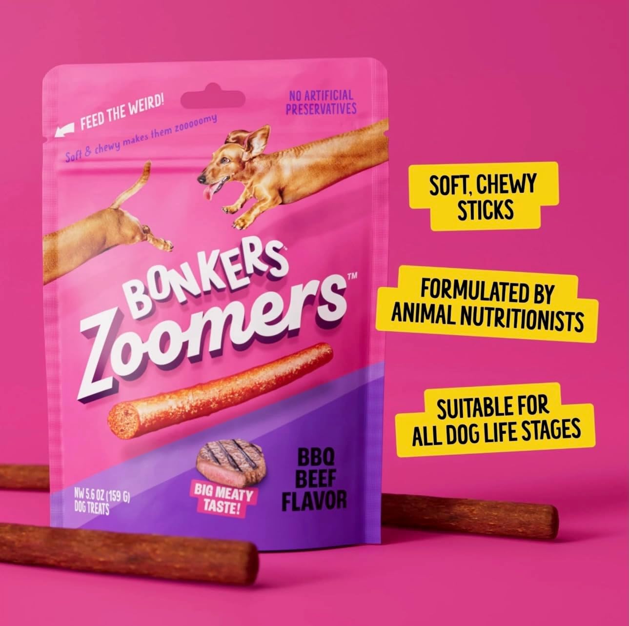 Bonkers Zoomers Dog Treats, Soft & Chewy Dog Snacks, 5.6 oz Bag 2 Pack Variety Bundle with Smoky Bacon Flavor & BBQ Beef Flavor Plus 1 Squeaky Dog Toy Ball 2.5"