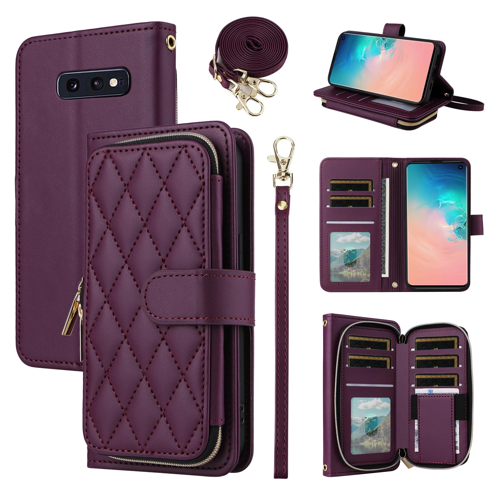 Furiet Argyle Wallet Case for Samsung Galaxy S10e with Wrist Strap Shoulder Strap, 9+ Card Slots Zipper Purse Luxury PU Leather Stand Checkered Phone