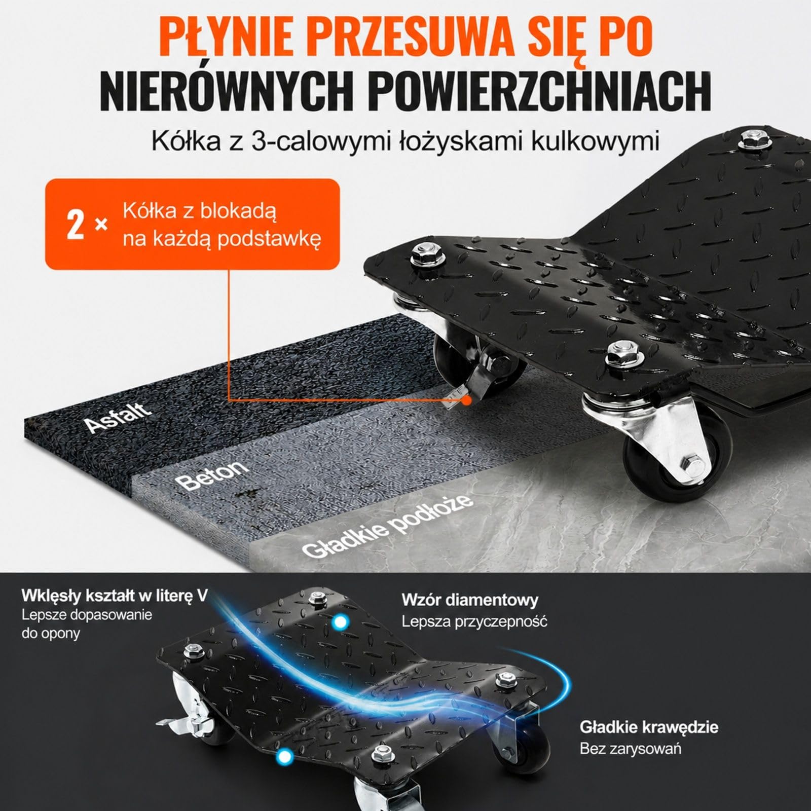 4-częściowy stalowy zestaw wózków pod koła, czarne rolki z kołami skrętnymi do samochodów, motocykli i pickupów
