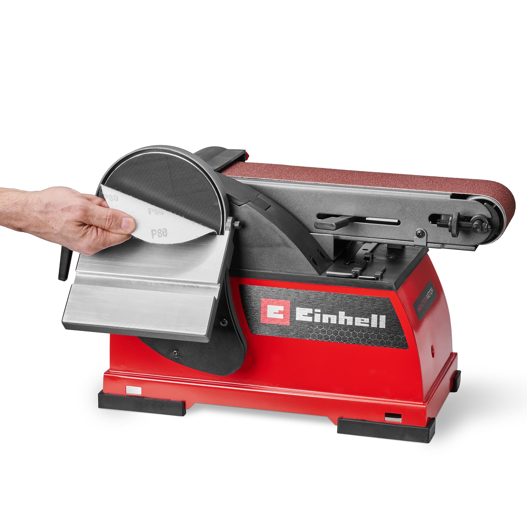 Ponceuse stationnaire à bande et à disque Einhell TE-US 400 (400 W, plateau de ponçage Ø 150 mm, bande abrasive 100 x 914 mm, vitesse max. de la bande 348 m/min, accessoires inclus)