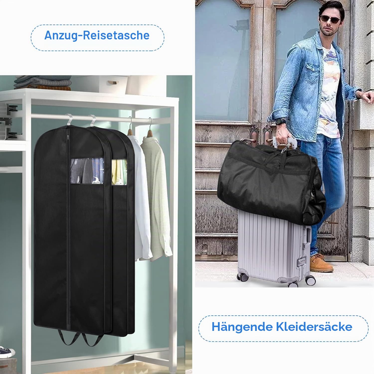 MISSLO 137 Cm Kleidersäcke Lange Anzugtasche Herren, Kleiderschutzhülle Mottensicher mit Tragegriffen für Aufbewahrung Mäntel, Kleider, Anzug, 3 Stück, Schwarz