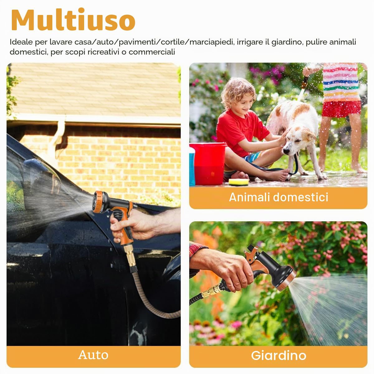 Tubo da giardino flessibile 30 m/100 FT arancione, tubo con 10 funzioni | con ugello spray e connettori in ottone da 3/4" e 1/2",, 3 estensibili, senza pieghe, per giardino, pavimento, terrazza