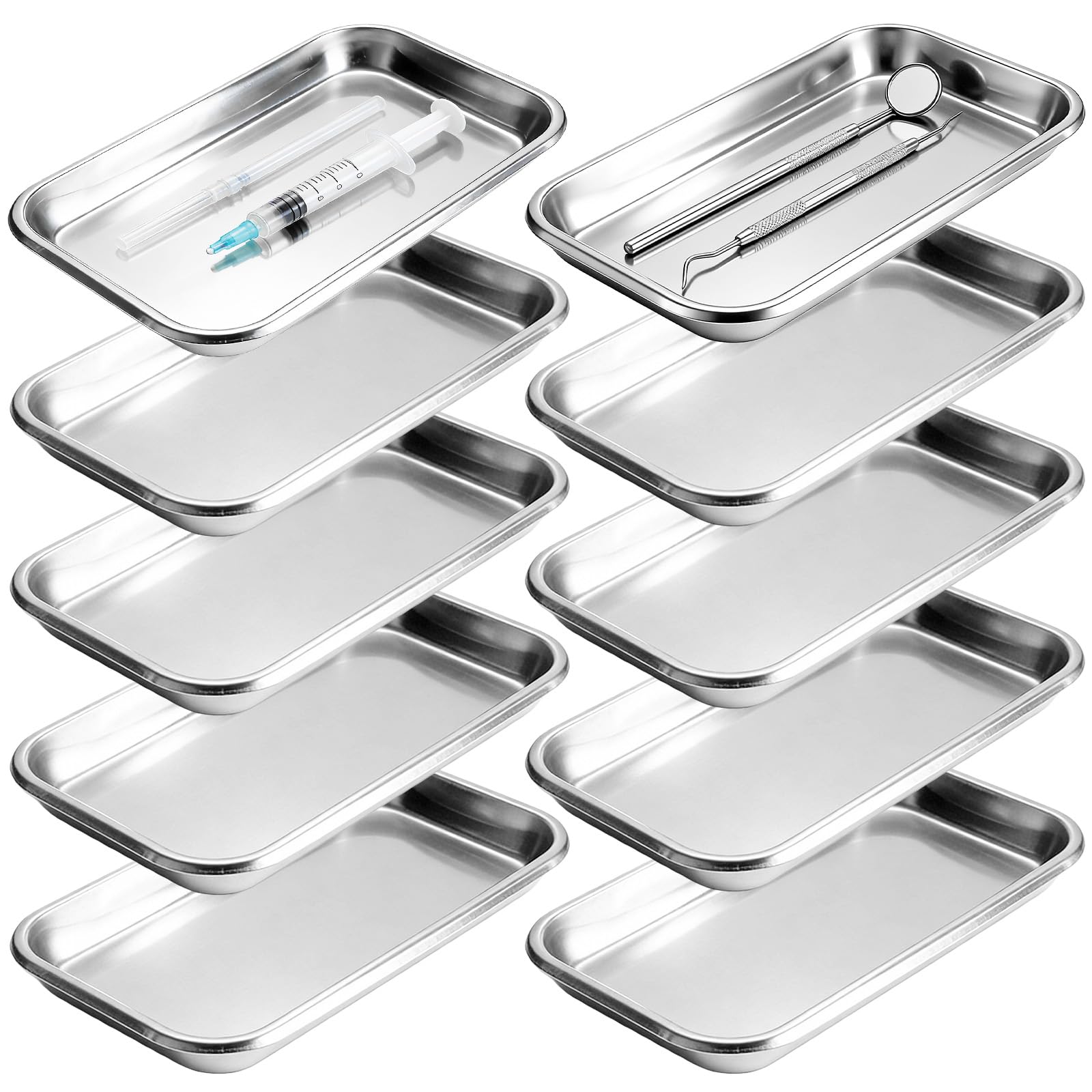 10 vassoi rettangolari in acciaio inox, 22,5 x 11,7 x 2 cm, piccoli vassoi da laboratorio in acciaio inox, piatti da portata per laboratorio dentale e ospedali