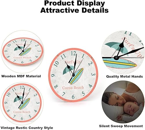 Miniatura 5 de Reloj de madera para surf, playa, reloj redondo de cocina, funciona con pilas, reloj de pared sin tictac de 12 pulgadas para dormitorio, aula