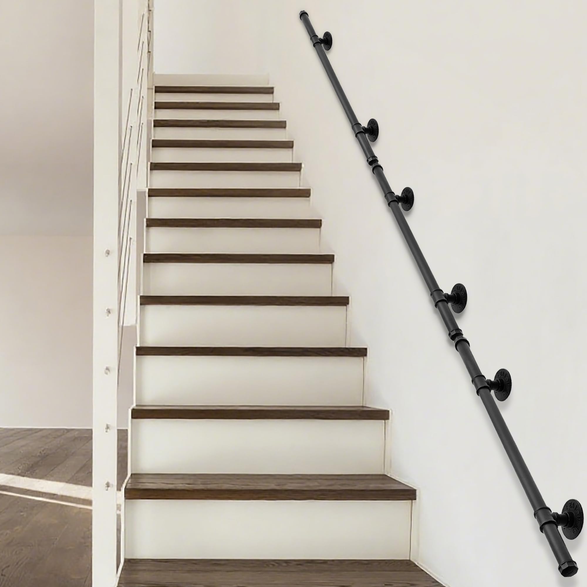 OUUTMEE Mango de 100cm Negro Hierro Forjado Mango de pared Calibre: ø25 mm, adecuado para interiores y exteriores, barandilla de escalera, con soporte de pared y tapas de extremo